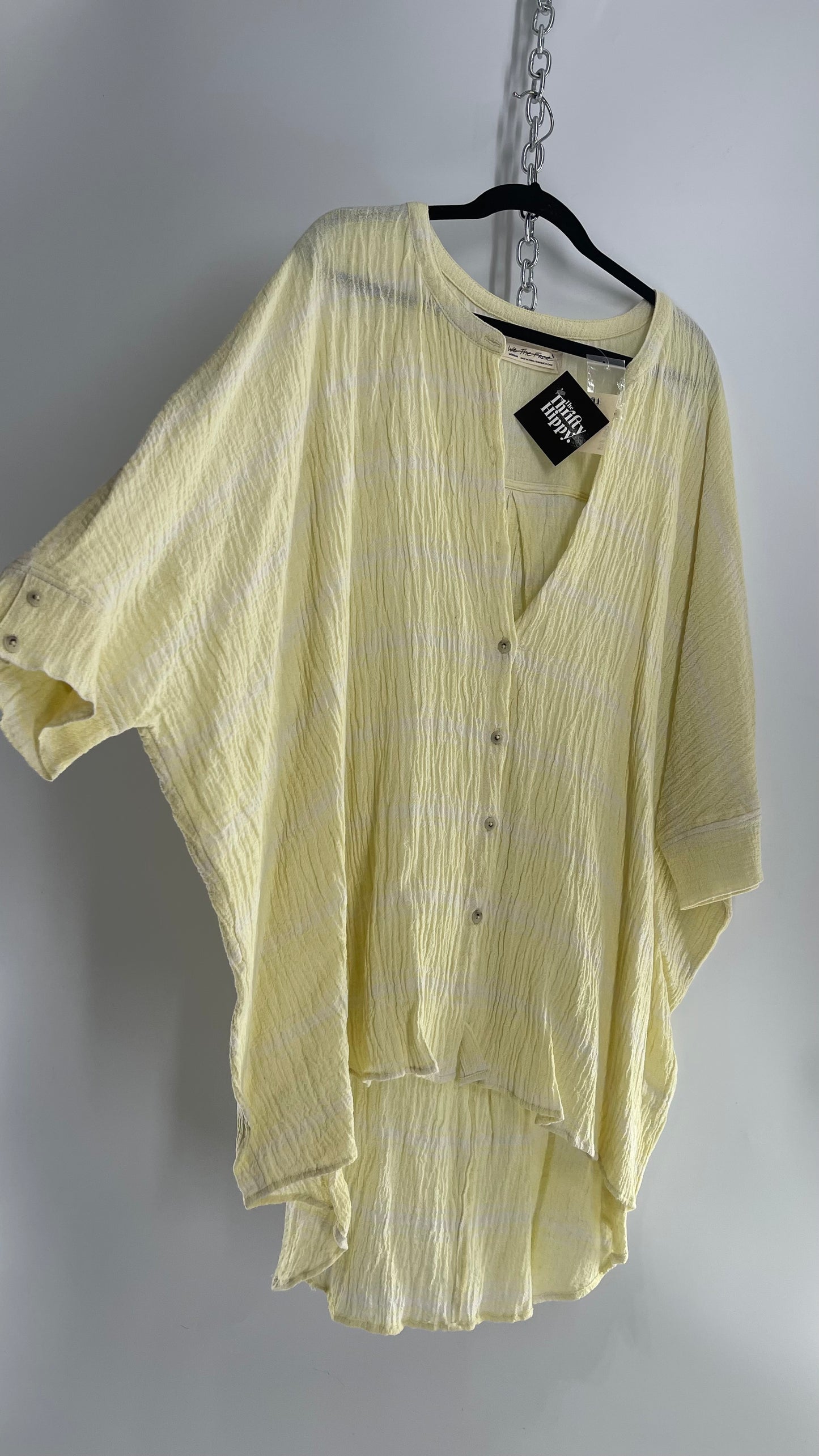 Free People Crimped Yellow Button Front Bohemian Surfer Dress with Button Bag (Medium)