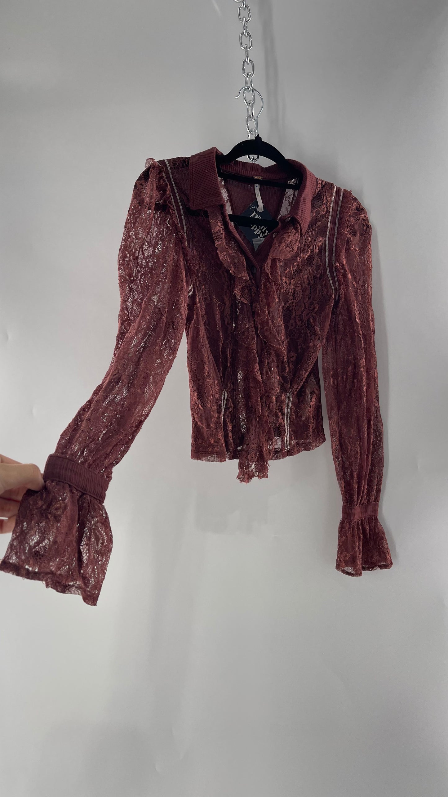 Free People Burgundy Lace Button Front Blouse with Balloon Sleeves and Ruffle Front Detail  (Small)