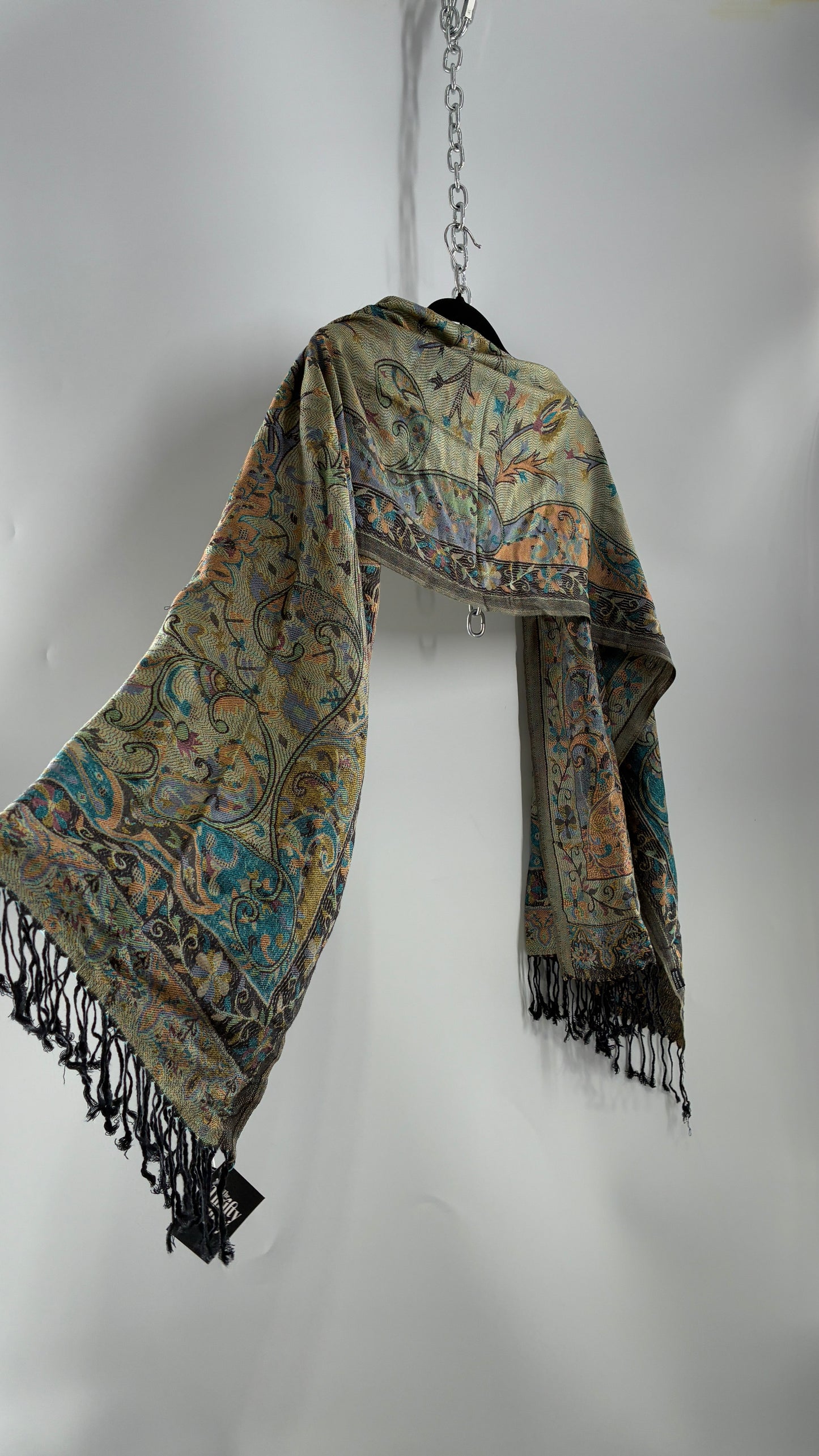 Vintage Pashmina Green Paisley Fringe Scarf