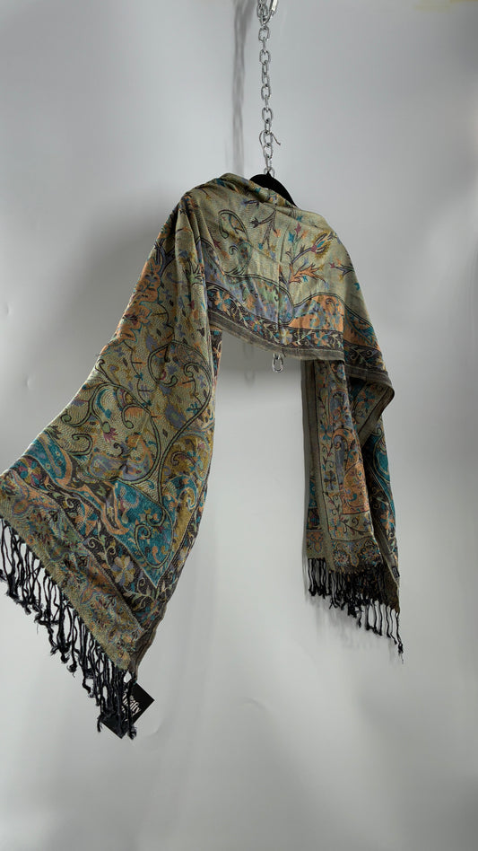 Vintage Pashmina Green Paisley Fringe Scarf