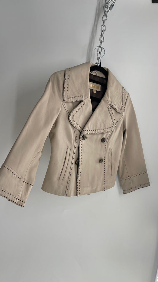 Vintage 1990s Wilsons Leather Beige Short Jacket with Exaggerated Collar, Embossed Buttons and Contrast Stitching (XS)