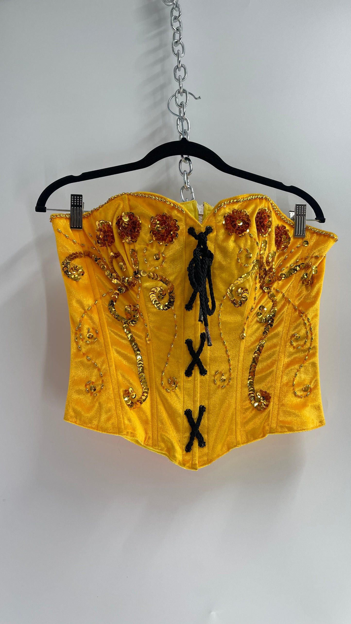 Vintage Hand Embroidered/Embellished Yellow Velvet Corset (Medium)