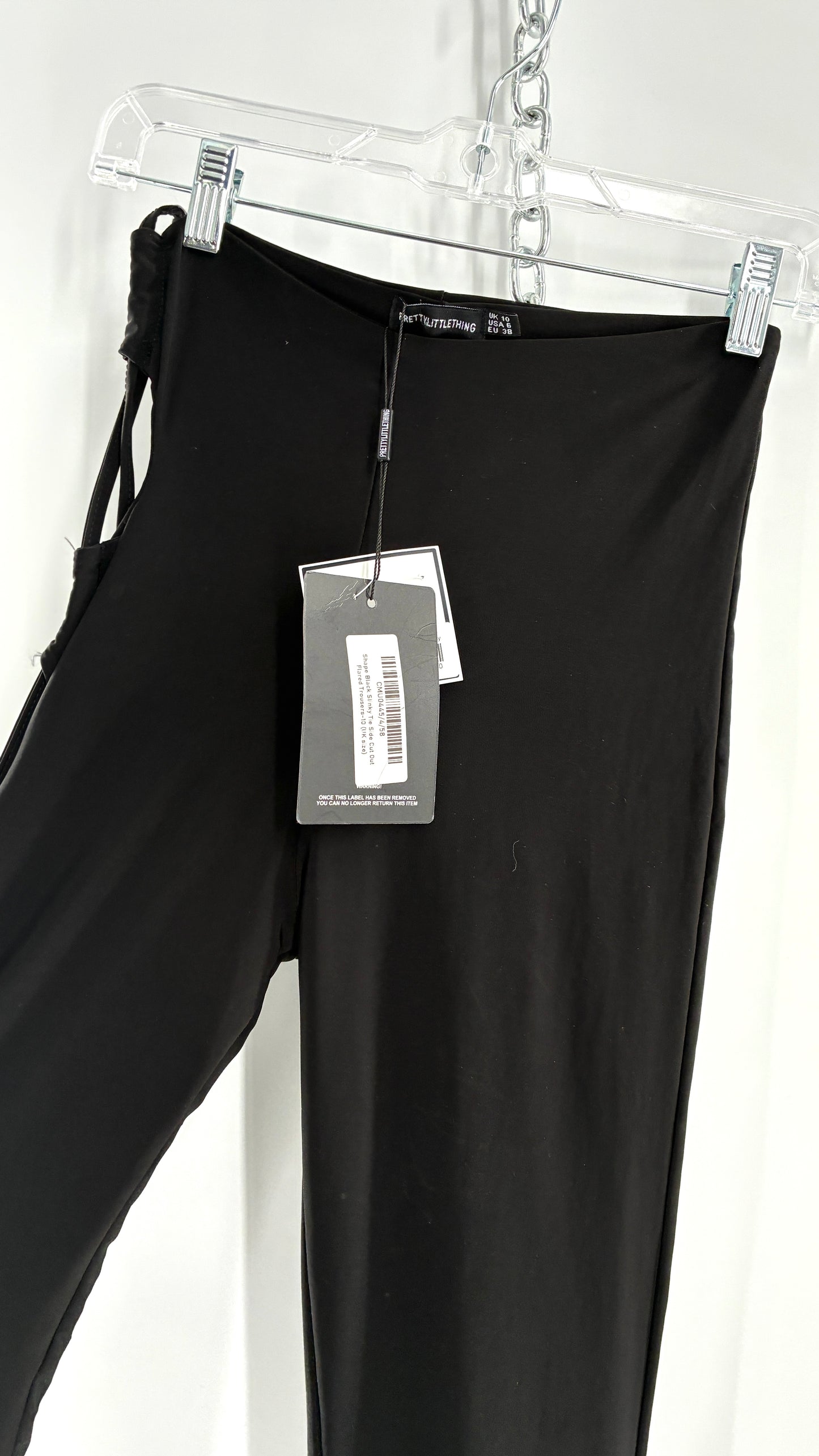 Pretty Little Thing Black Slinky Tie Side Cut Out Flared Double Lined Thick Trousers with Tags Attached (10)