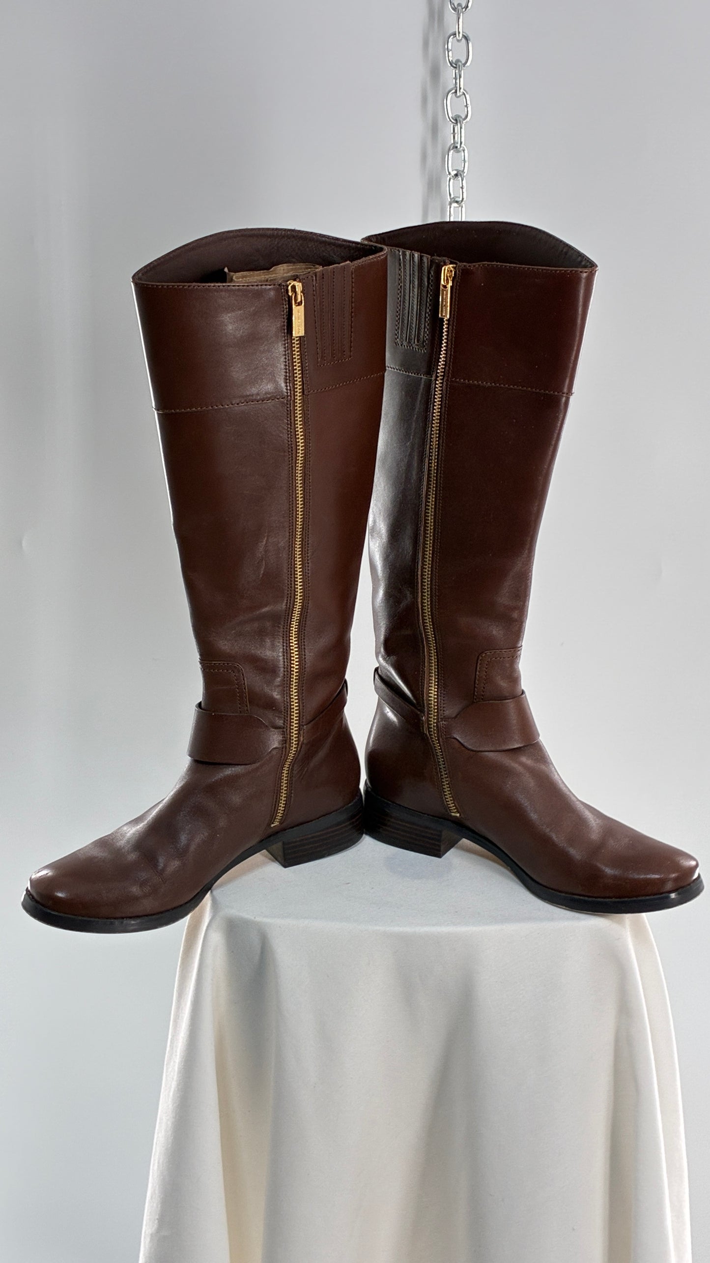 Vintage MICHAEL KORS Knee High Brown Genuine Leather Moto Boot with Gold Detailing (9)