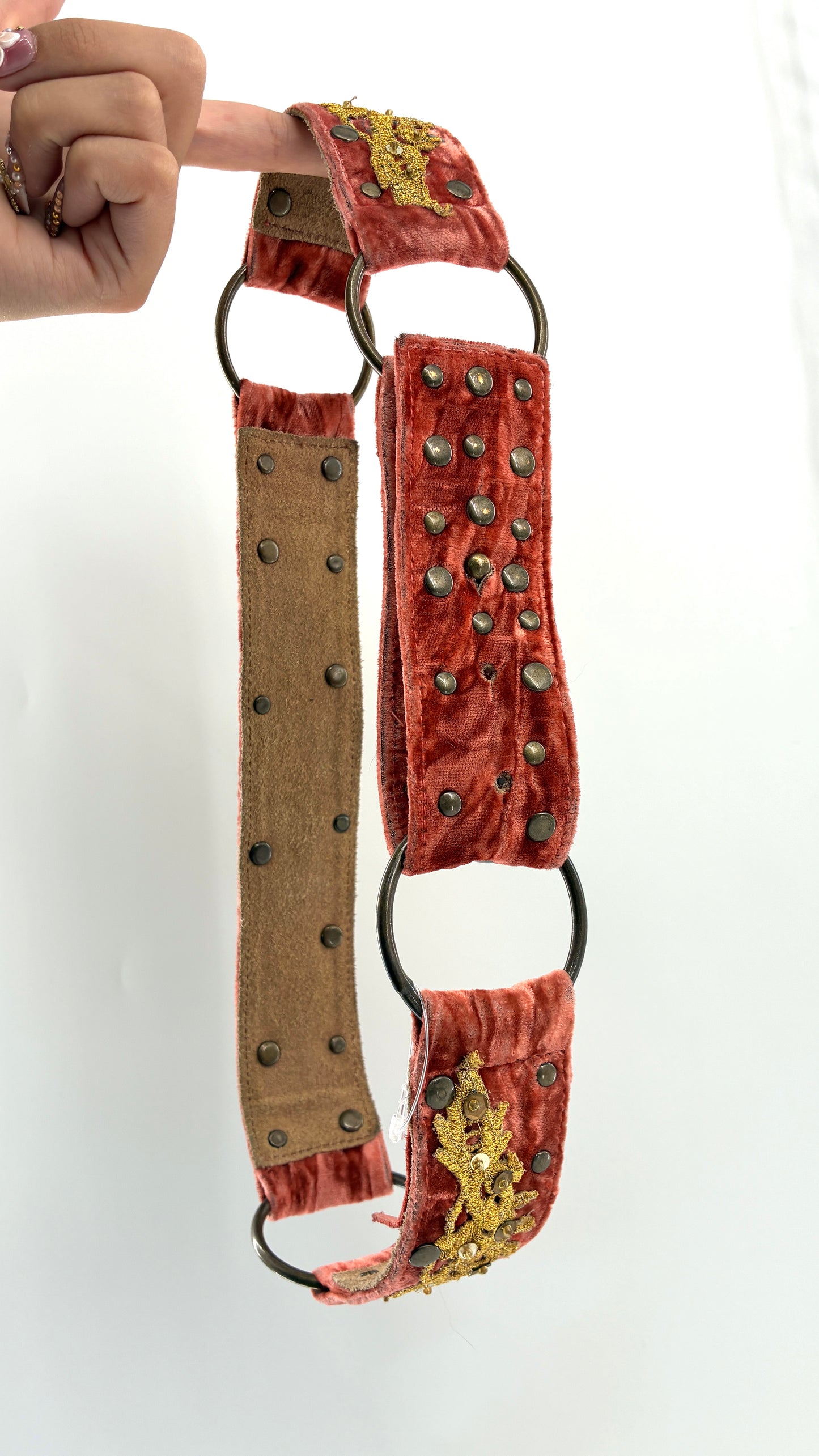 Vintage BETSEY JOHNSON Crushed Velvet Salmon Belt with Gold Appliqué and Metal Studs (Small)