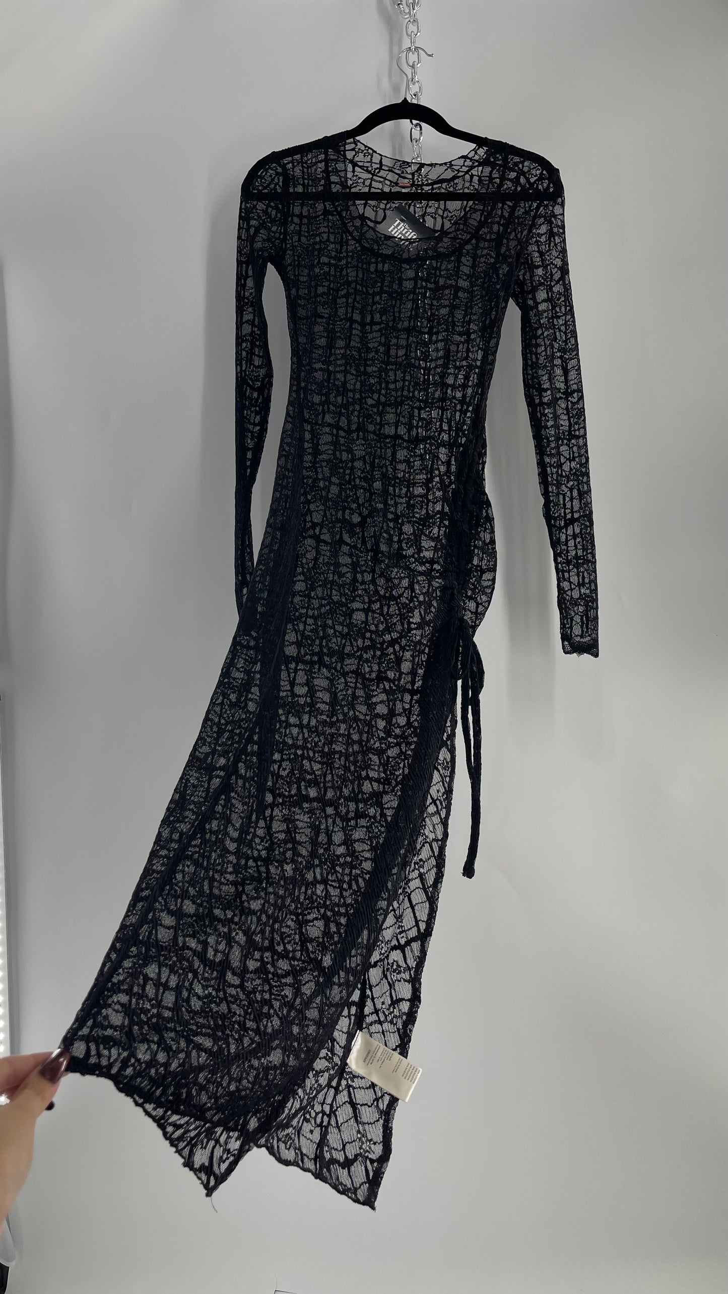 Free People Sabina Black Sheer Crimped Lace Long Sleeve Maxi with Ruched Slit (XS)