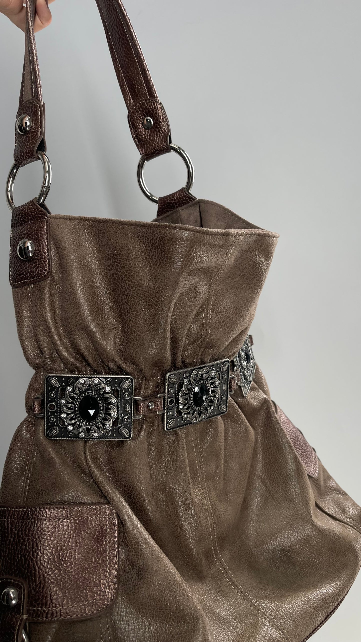 Vintage Kathy Van Zeeland Brown Leather Buckle Bag with Stone Details