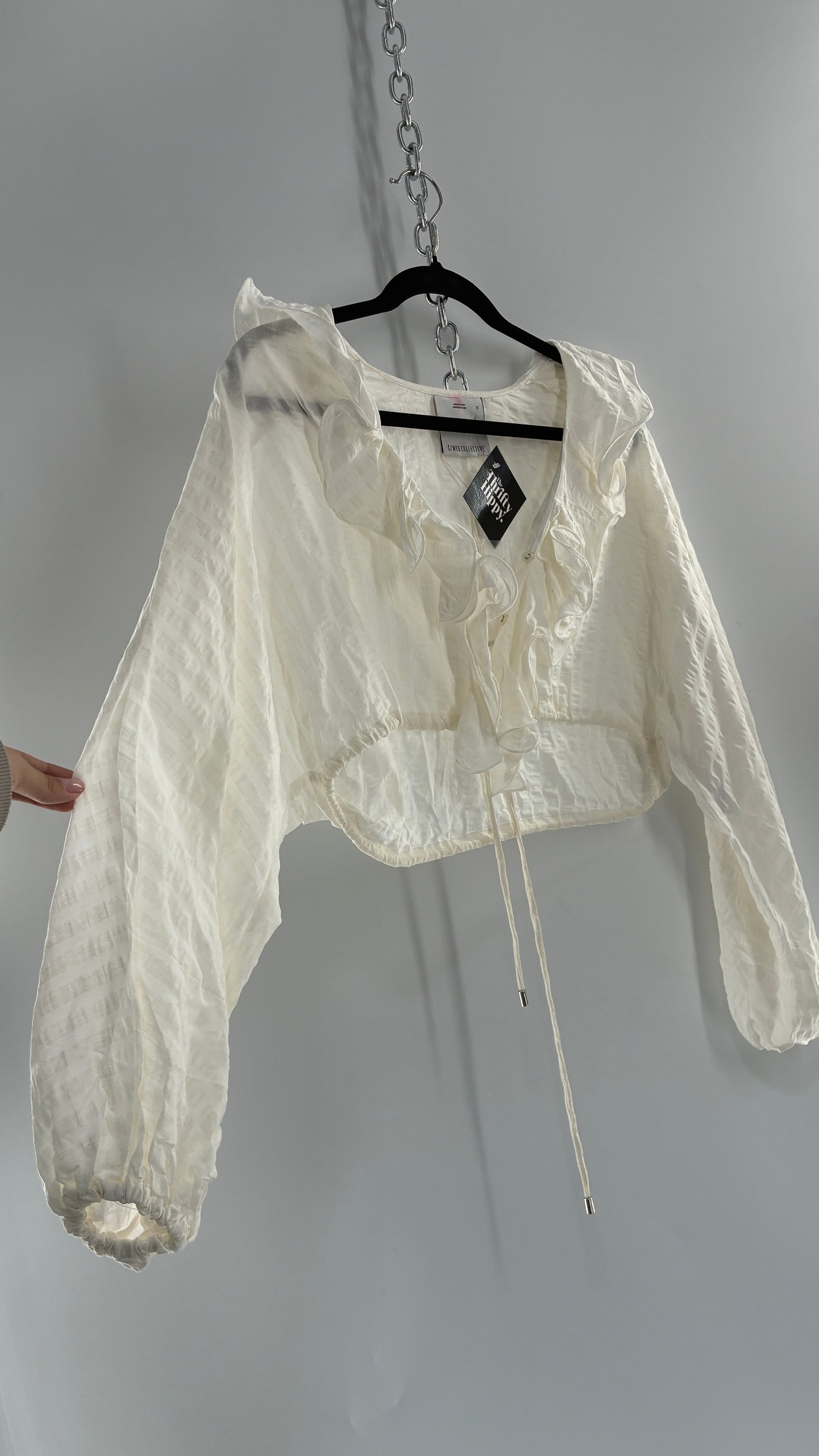 CMEO Collective White Balloon Sleeve Blouse with Ruffled, Button Up Neckline and Adjustable Drawstring Waist (XS 0-2)