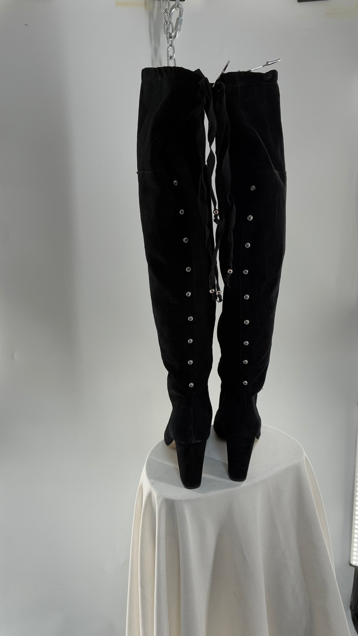 Vintage Black Genuine Suede ADRIENNE VITADINI Thigh High Pointed Toe Boots with Stud Detailing (10)