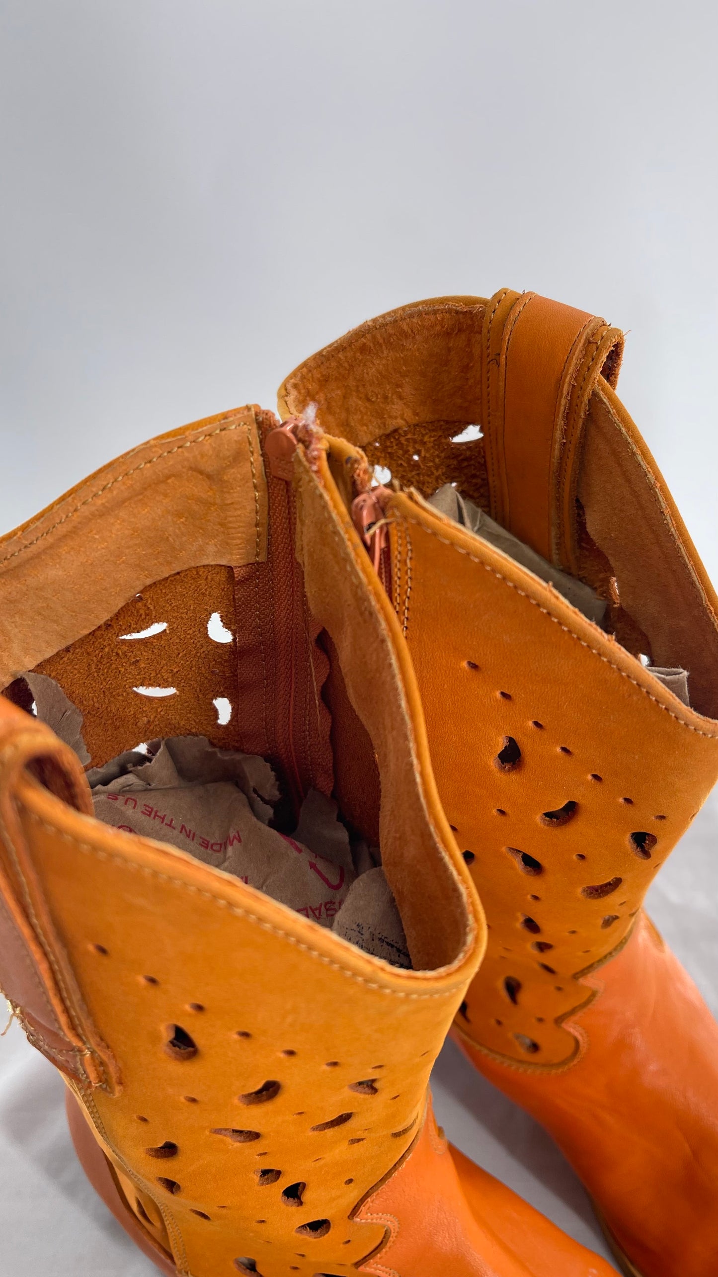 Vintage Santa Barbara Orange Leather Made in Spain Pointed Toe Cowboy Boots (8)