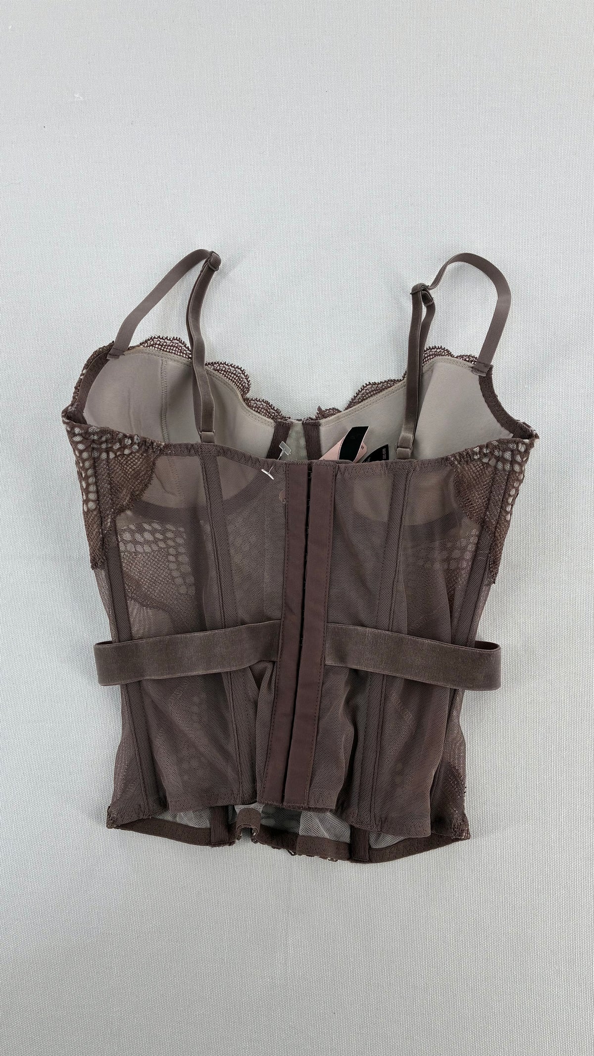 Vintage VICTORIA’S SECRET Taupe Lace Corset with Velour Belting and Tags Attached (32C)