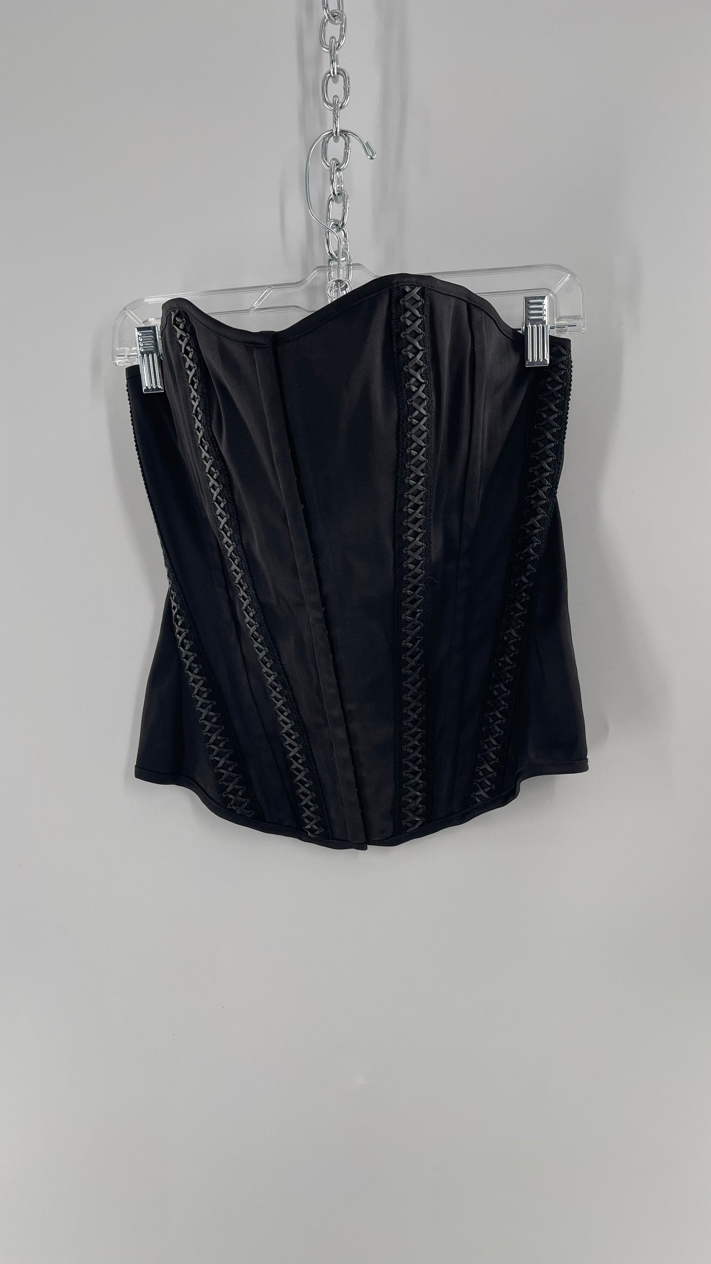 Vintage Charlotte Russe Black Boned Corset with Criss Cross Leather Details and Lace Up Back (Large)