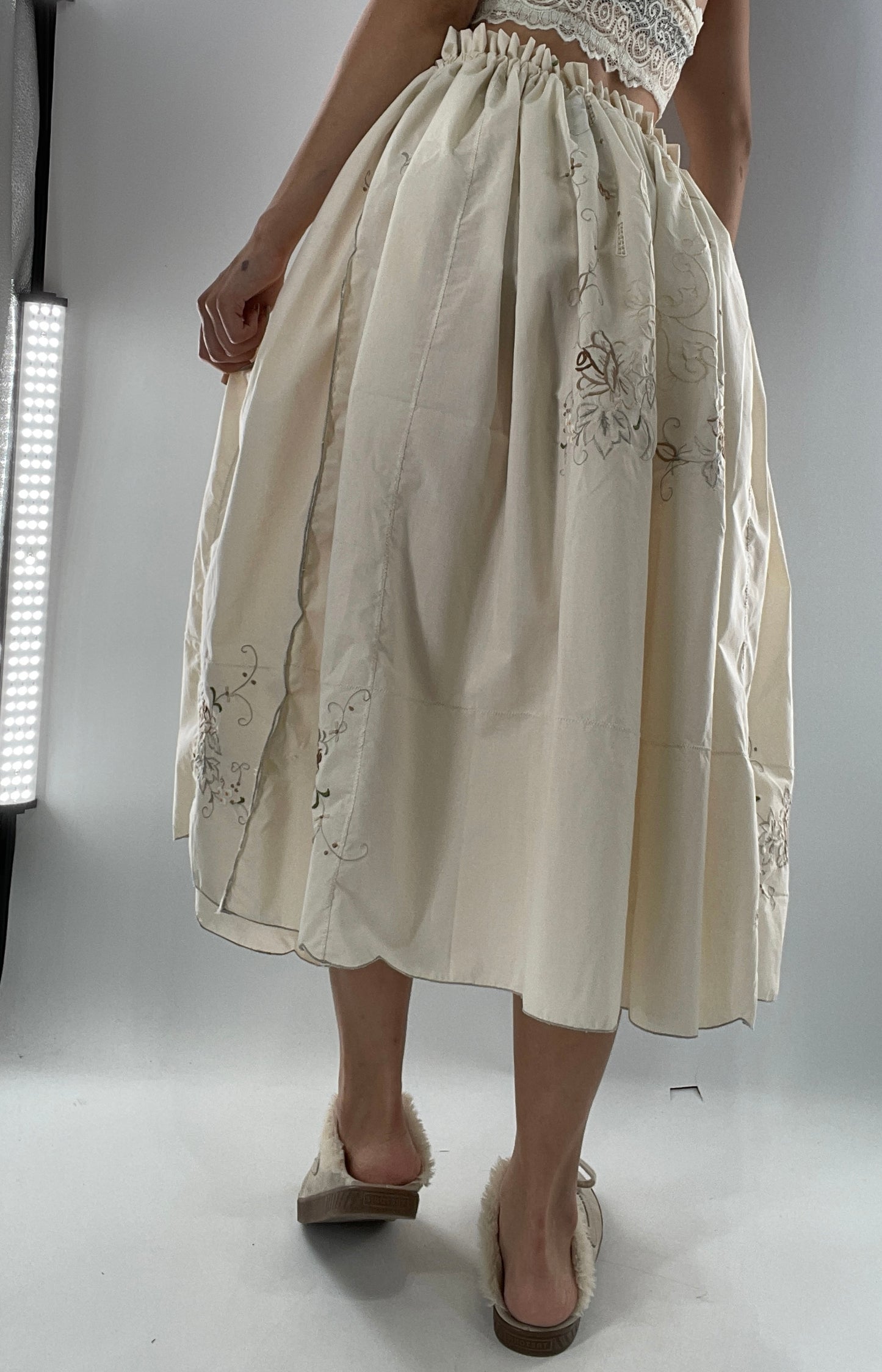 Custom Handmade Vintage Embroidered Off White Soirée Skirt (One Size)