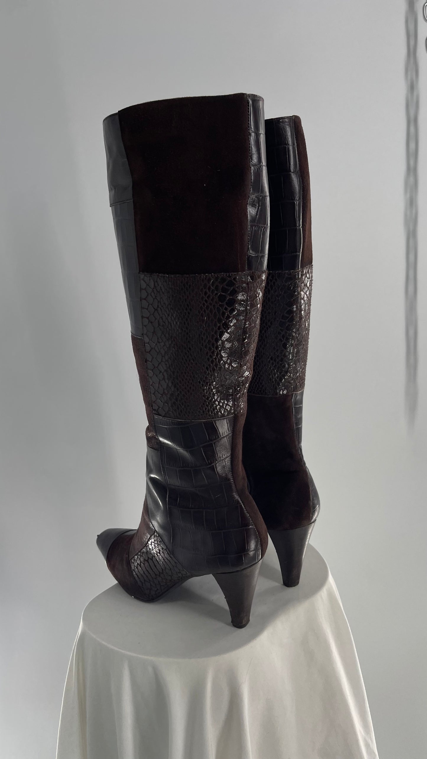 Vintage Bandolino Pointed Toe Patchwork Leather Knee High Boots (10)