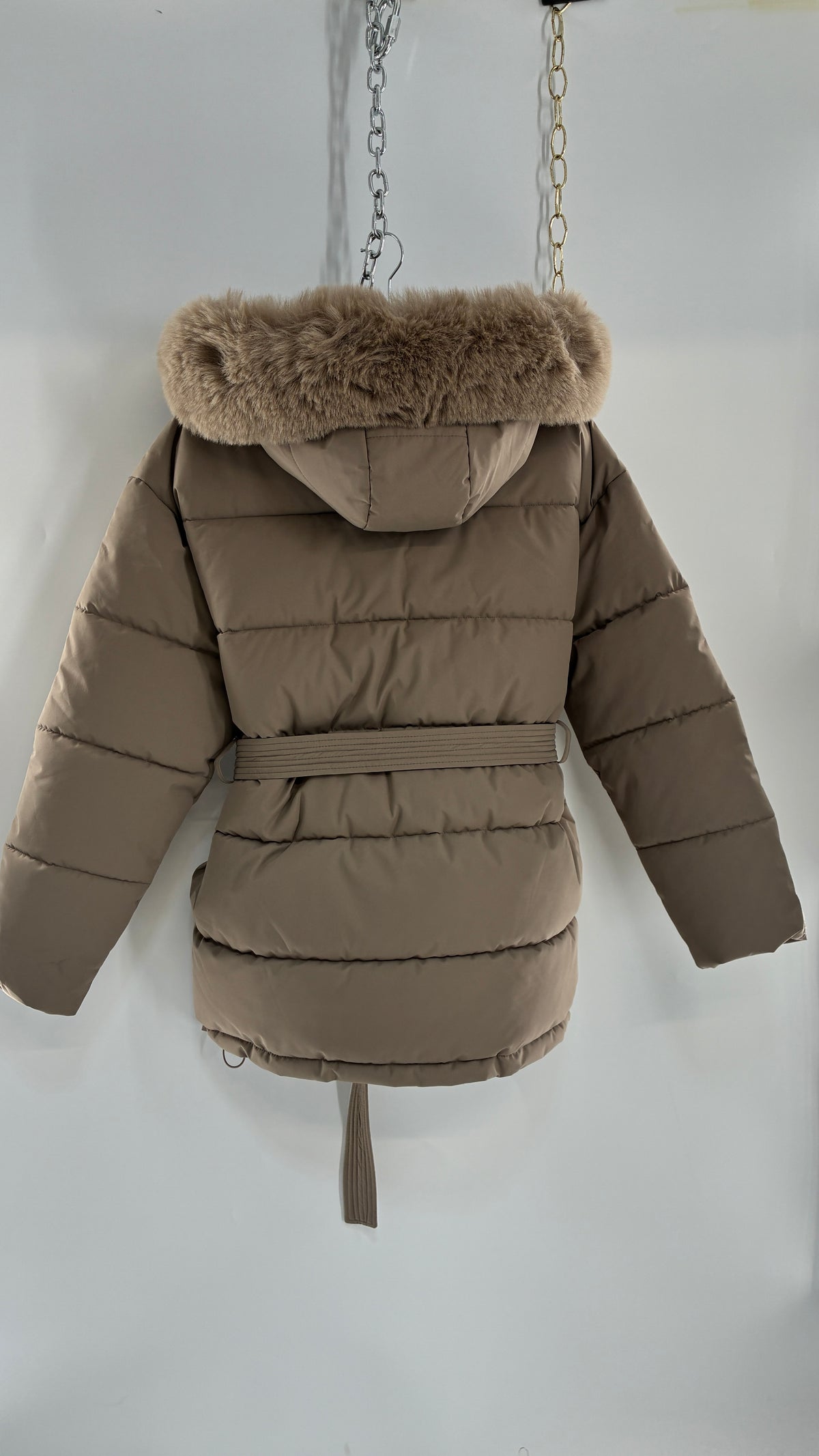 KATCH ME Taupe NWOT Bubble Coat with Exaggerated Vegan Fur Lined Hood NWOT (XL)