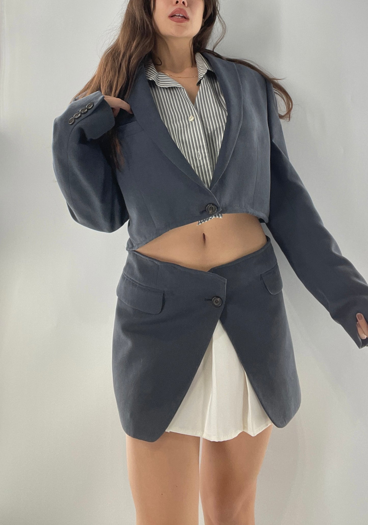 CUSTOM Handmade 2pc Suit Set Gray/Blue with Open Corset Back Skirt and Cropped Jacket (One Size)