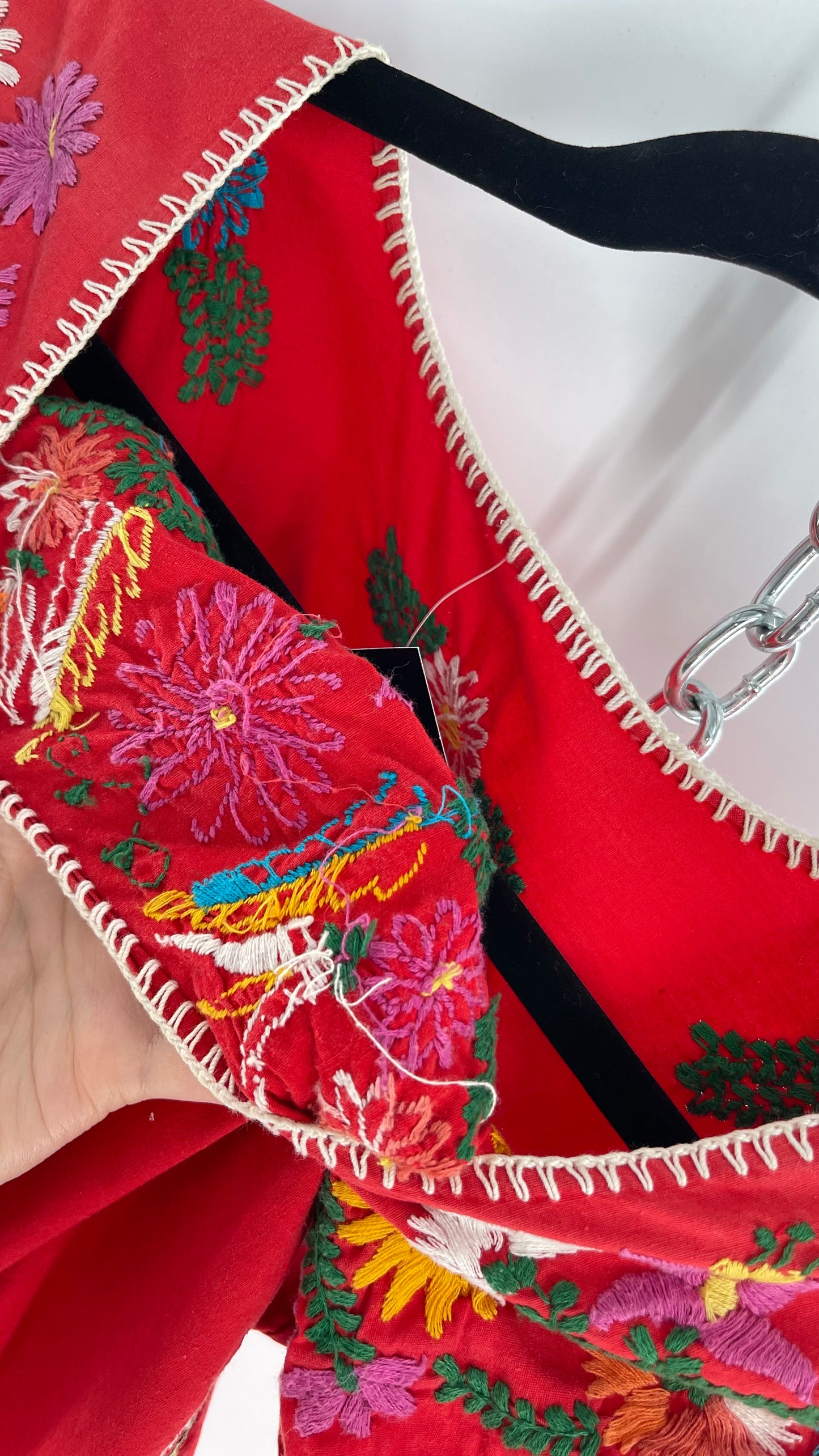 Vintage 1970s Red Cotton Dress with Hand Embroidered Florals Imported from Mexico (Small)