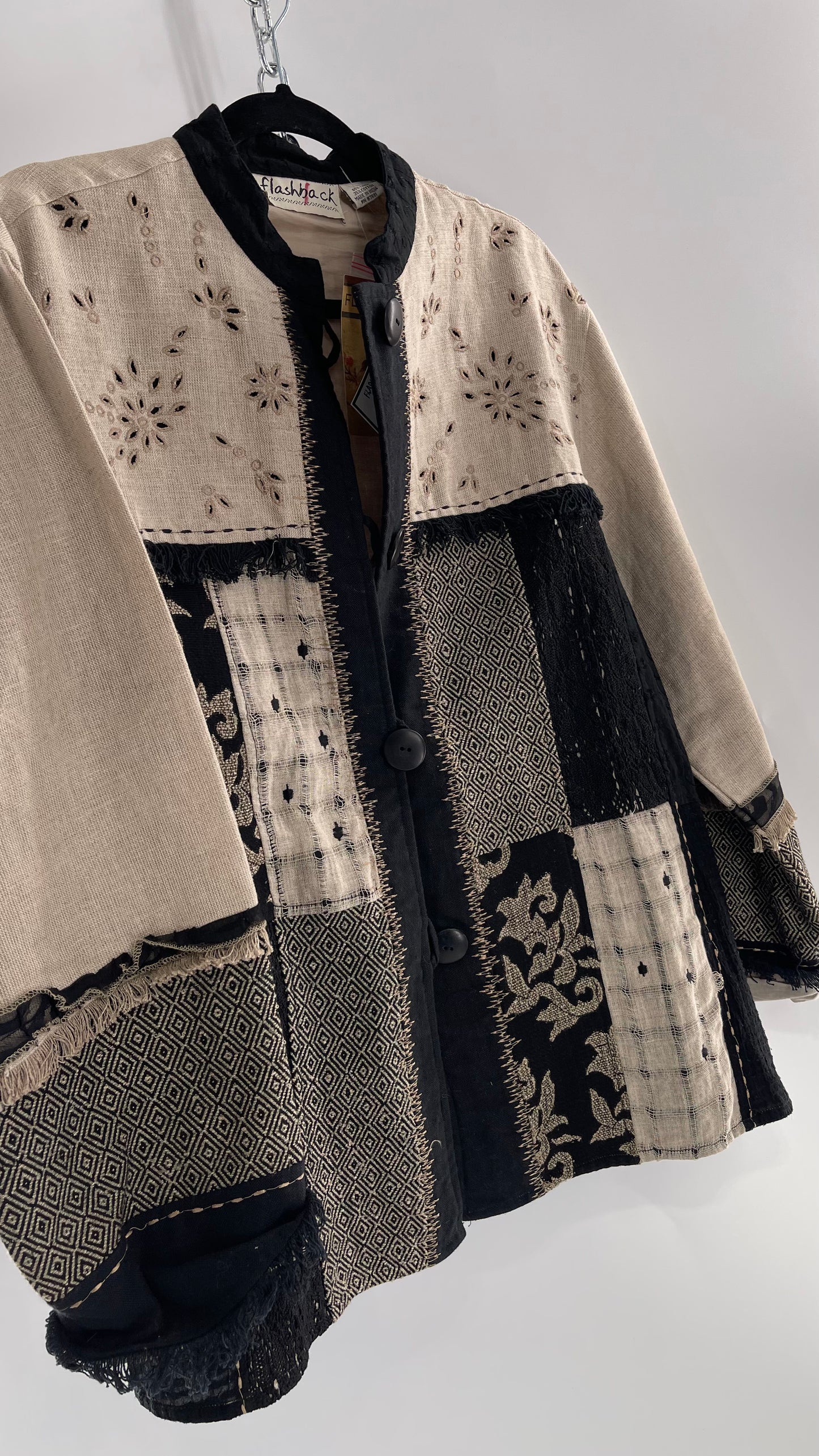Deadstock Vintage Flashback Patchwork Coat with Mixed Neutral Fabrics, Embroidery and Fringe Details (Large)
