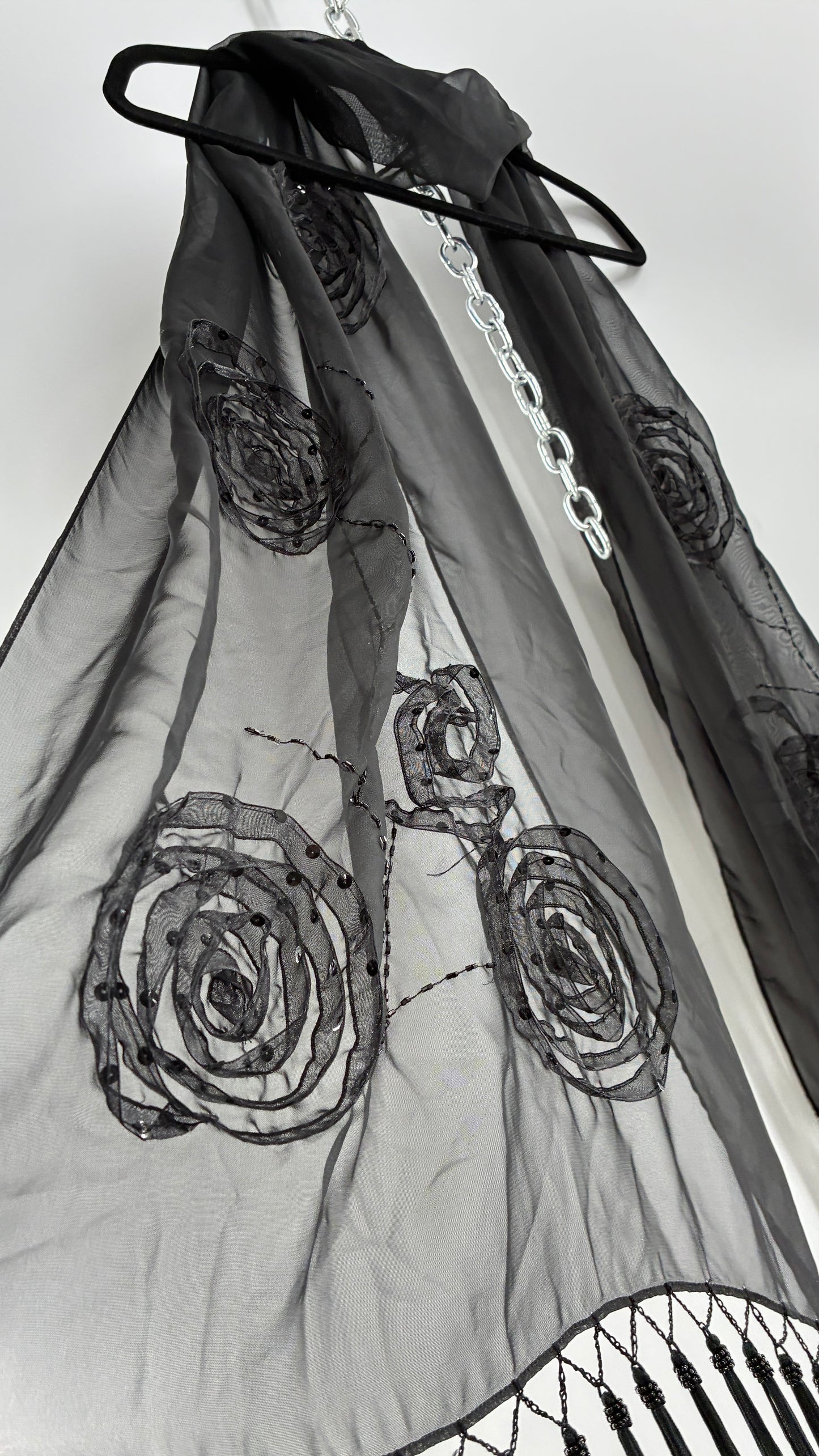 Vintage Black Beaded Scarf with Tassel Fringe and Embroidered Rosettes