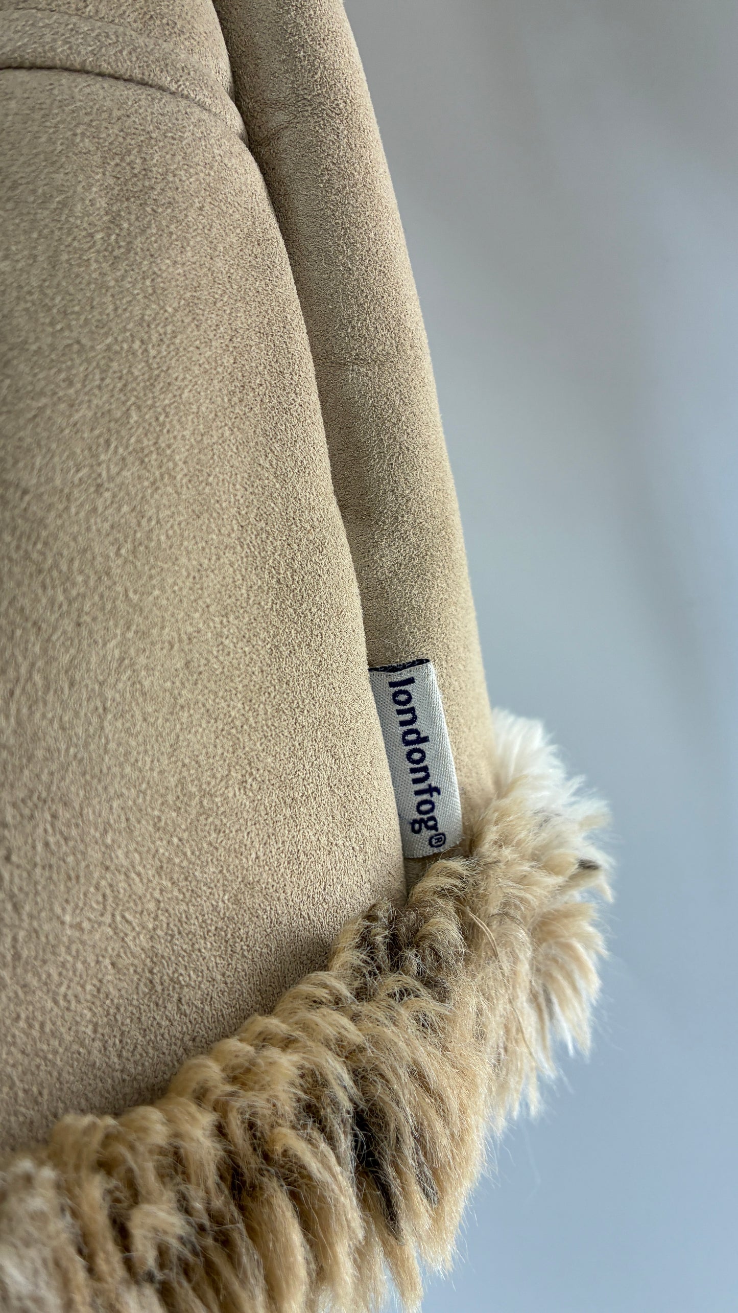 LONDON FOG (10/12) Vegan Suede Coat with Leopard Patterned Piping, Trim and Collar