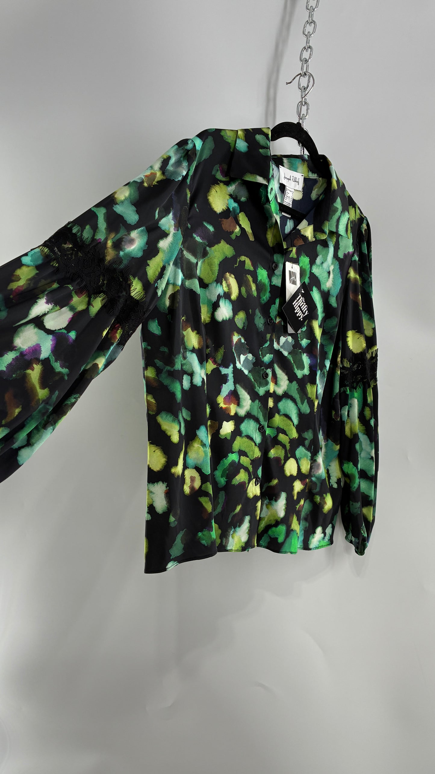 JOSEPH RIBKOFF Green Graphic Balloon Sleeve Blouse with Tags Attached (14)