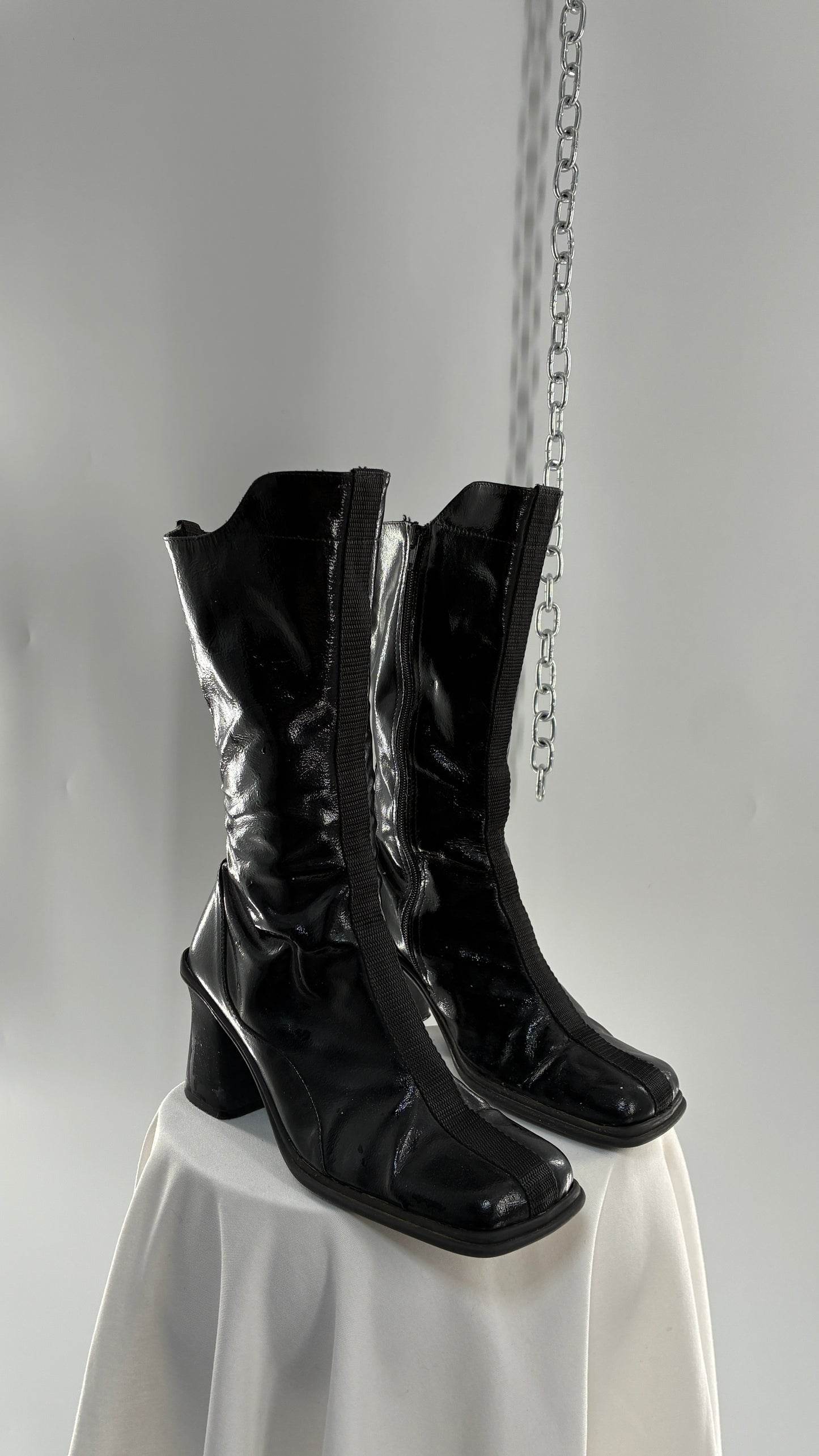 Vintage Black Patent Vinyl Boots with Square Toe and Block Heel with High, Low Calf (40)