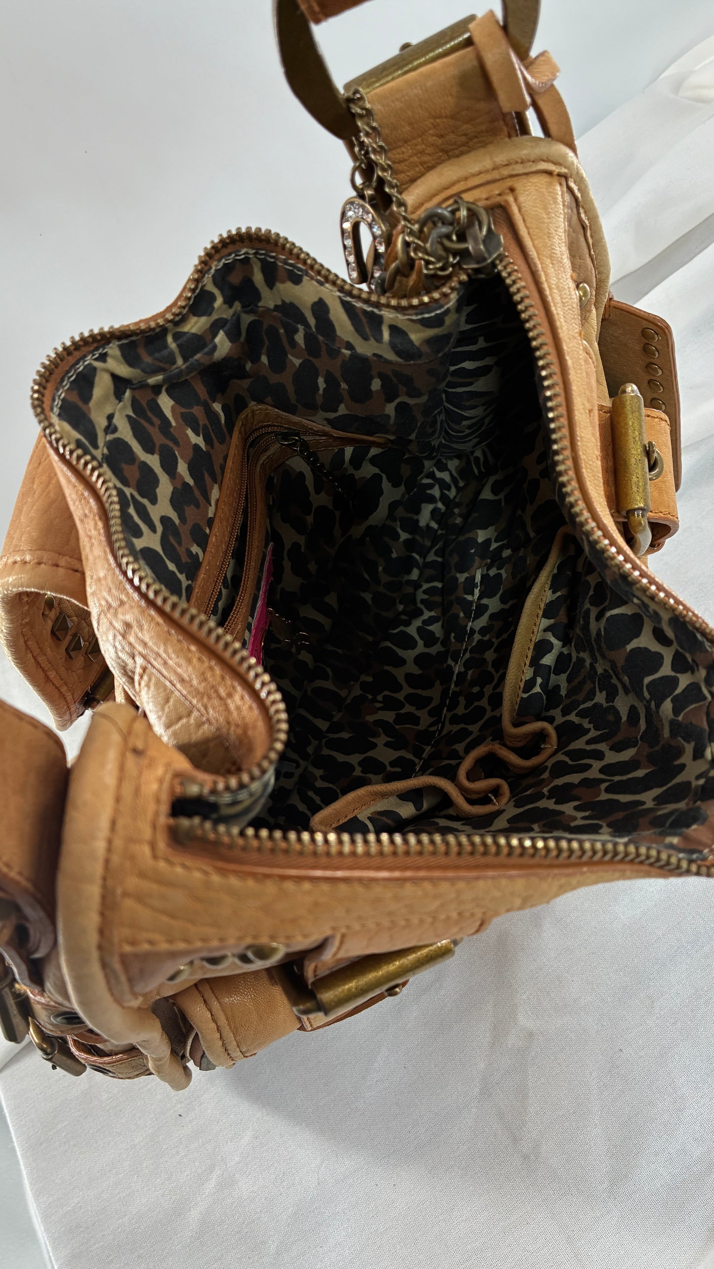 Rare Vintage BETSEY JOHNSON Heavy Leather, Oversized Shoulder Bag with Leopard Lining