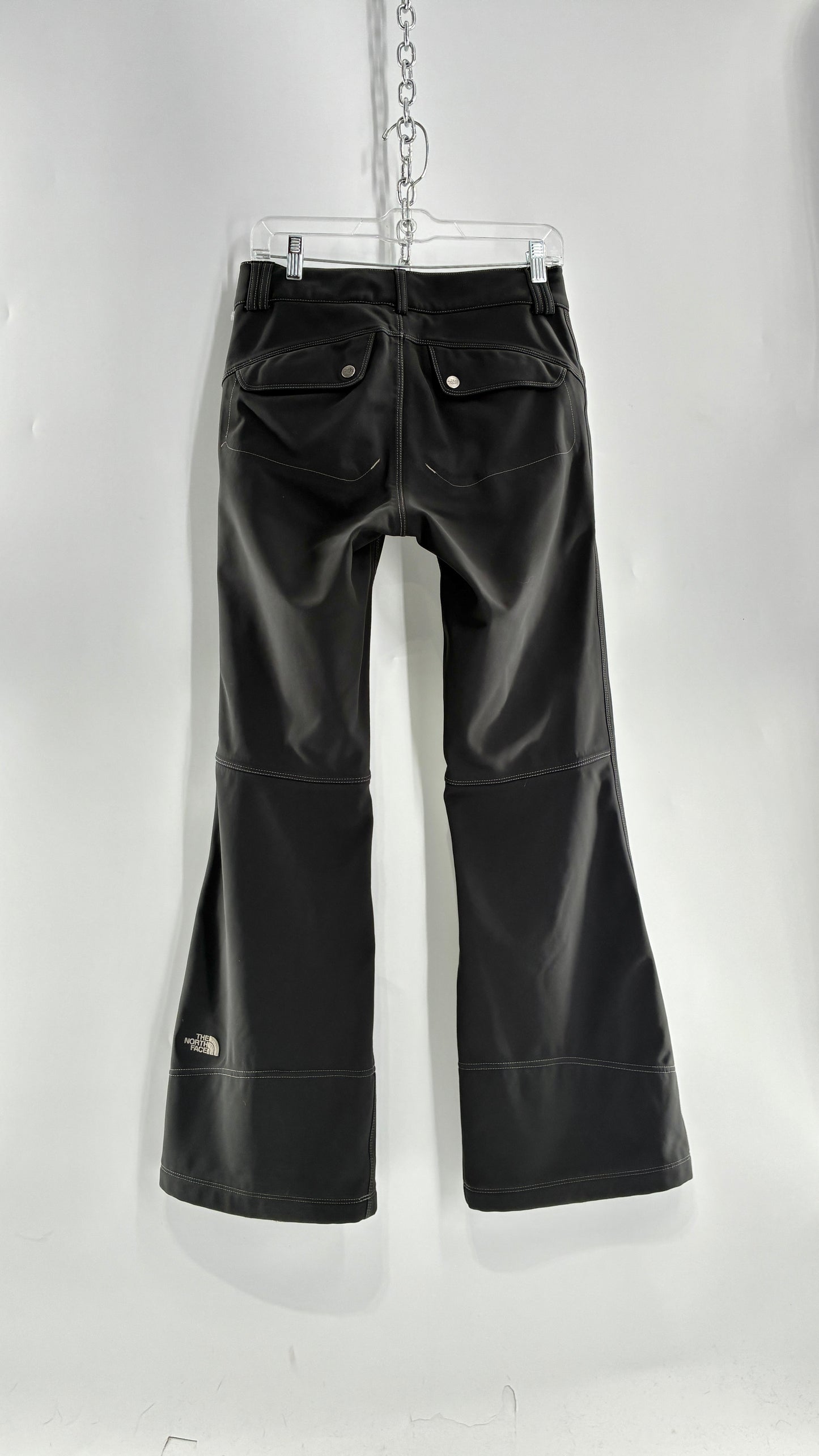 Vintage North Face Dark Gray, Low Rise, Kick Flare Pants with Contrast Stitching, Side Closure and Oversized Bum Pockets (Small)