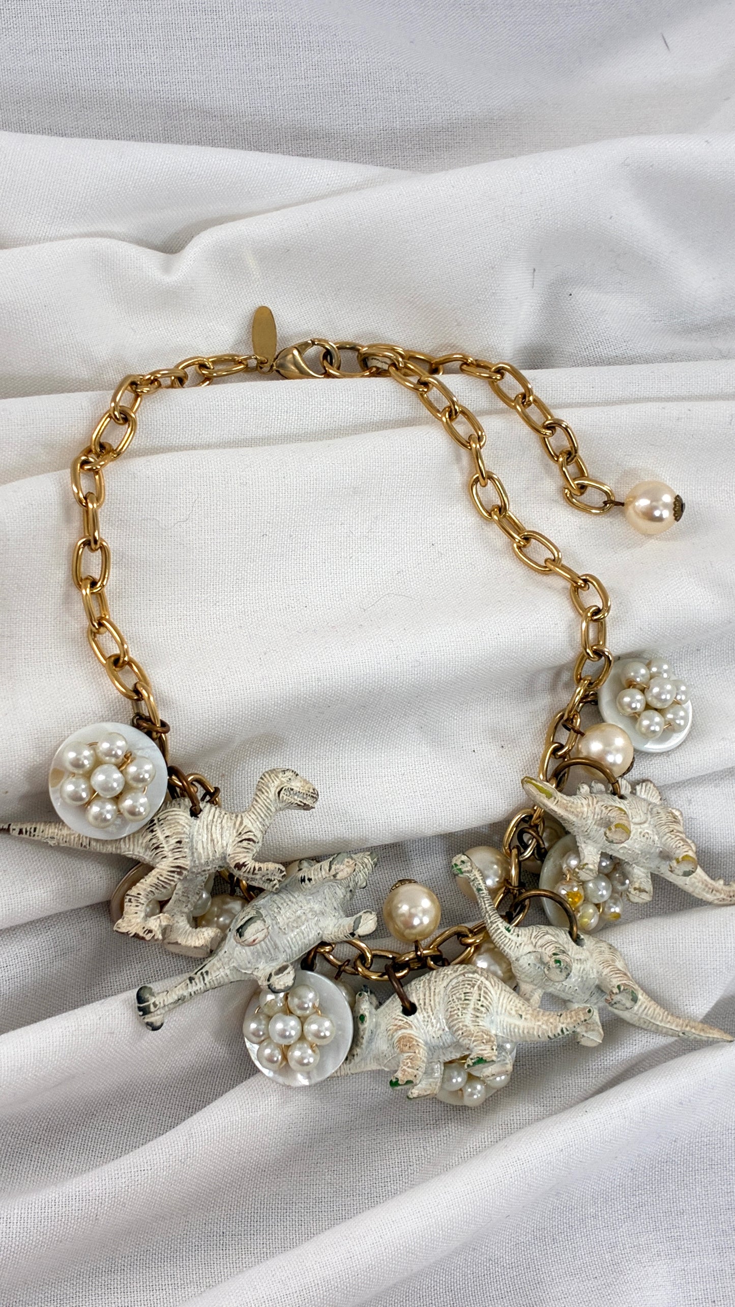 Vintage LENORA DAME Pearlescent Dinosaur Charm, Gold Chain Choker