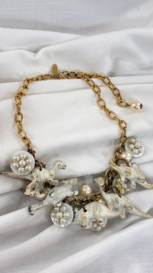 Vintage LENORA DAME Pearlescent Dinosaur Charm, Gold Chain Choker