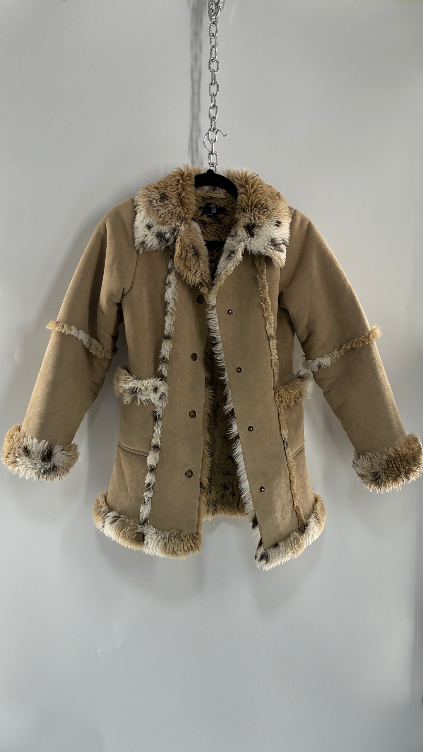 LONDON FOG (10/12) Vegan Suede Coat with Leopard Patterned Piping, Trim and Collar