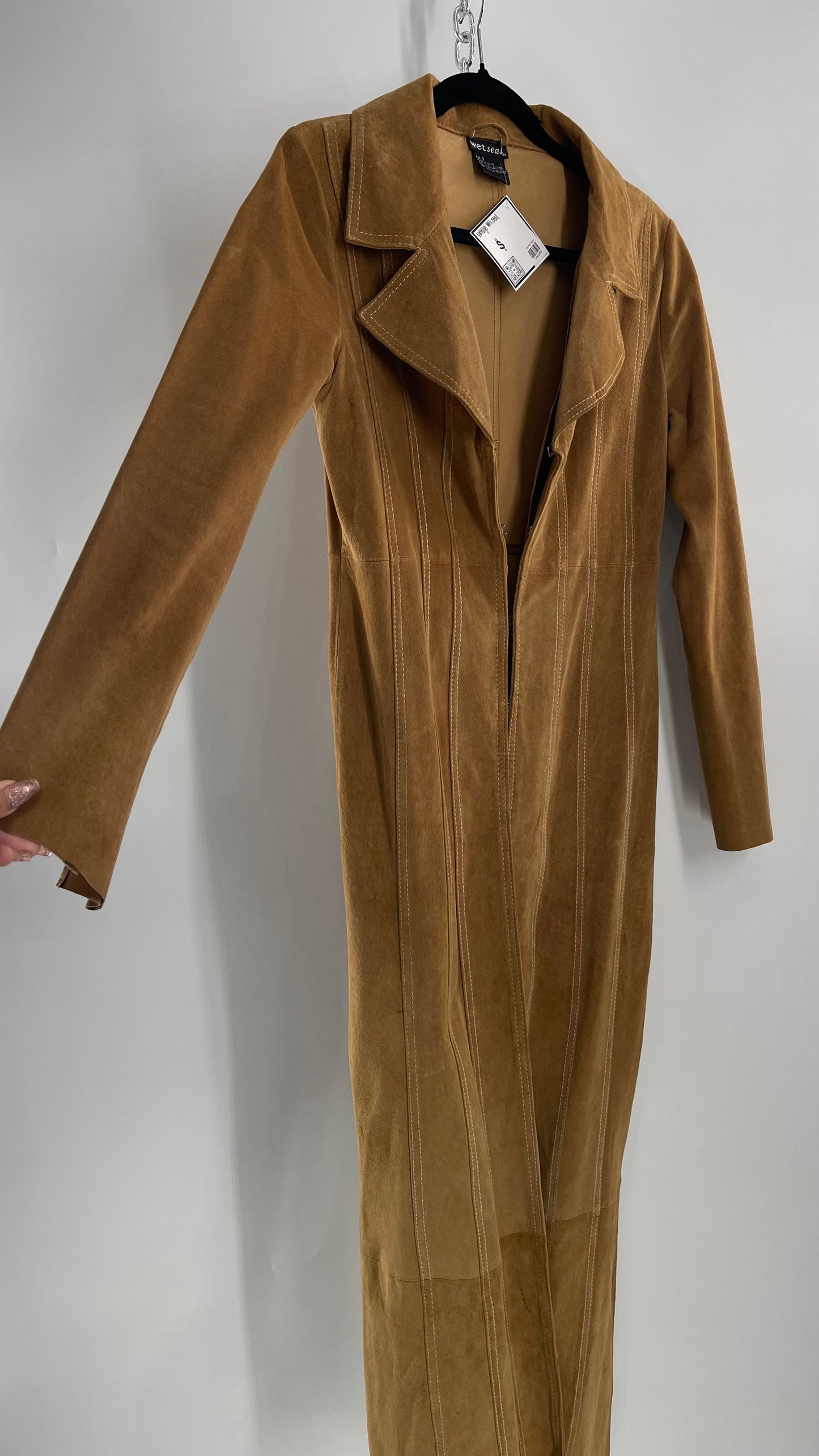 Vintage Wet Seal Full Length Paneled Tan Leather Sweeping Coat (Small)