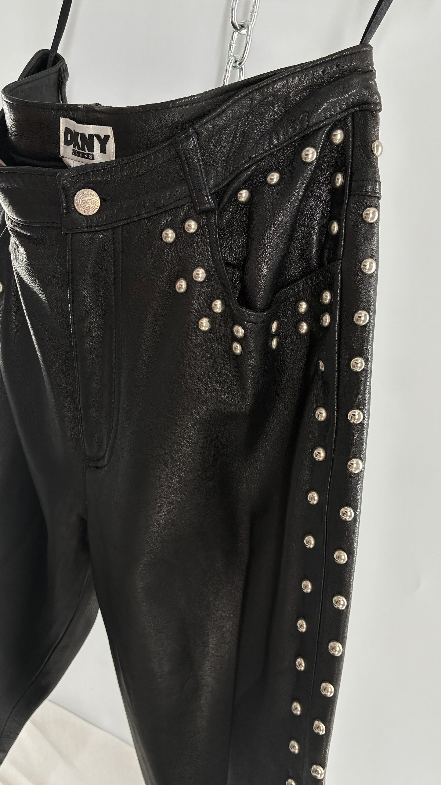 Vintage DKNY Genuine Leather Black Hip to Hem Studded Straight Legs (12)
