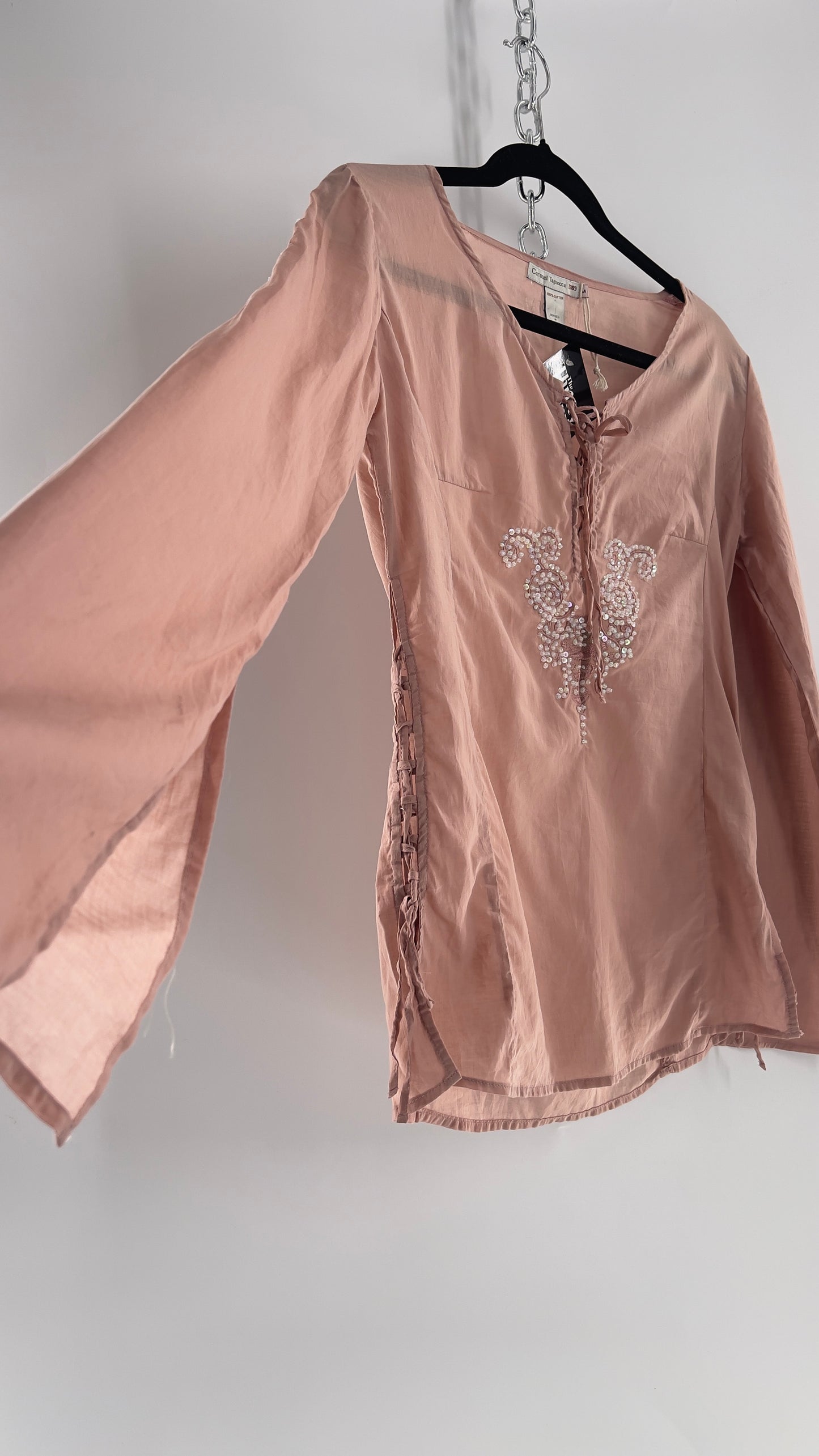 Vintage Coronel Tapioca Dusty Pink Tunic with Beaded Designs and Lace Up Sides (Medium)