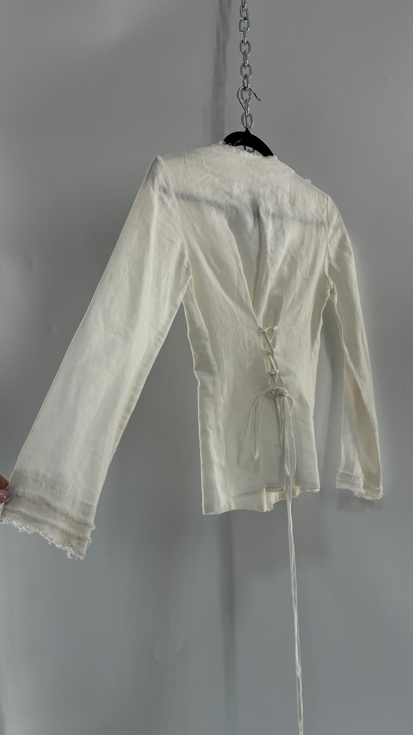 Vintage ANNE FONTAINE Off White Linen Woven Button Up Blouse with Back Corseting, Pearlescent Shell Buttons, and Rosette Details (36)