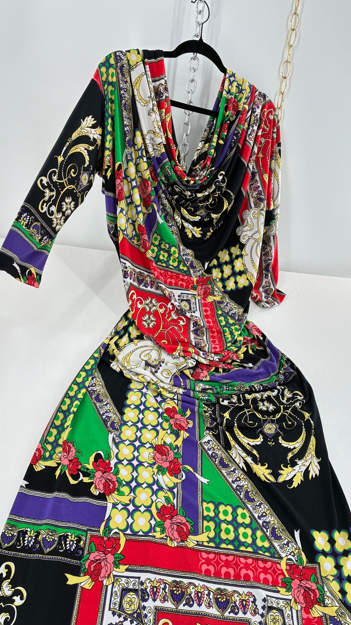 Vintage SEXY DIVA Drape Neckline Full Length Baroque Scarf Print Dress (Large)