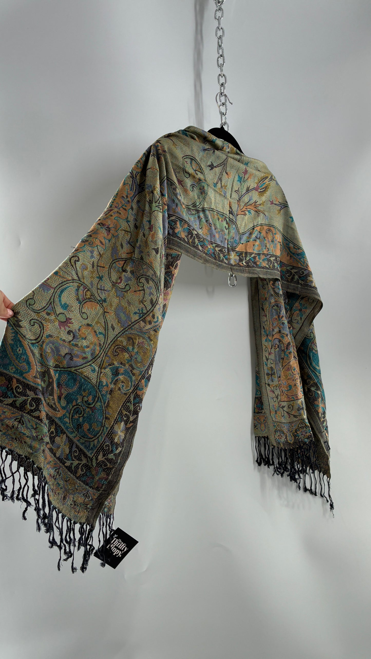 Vintage Pashmina Green Paisley Fringe Scarf
