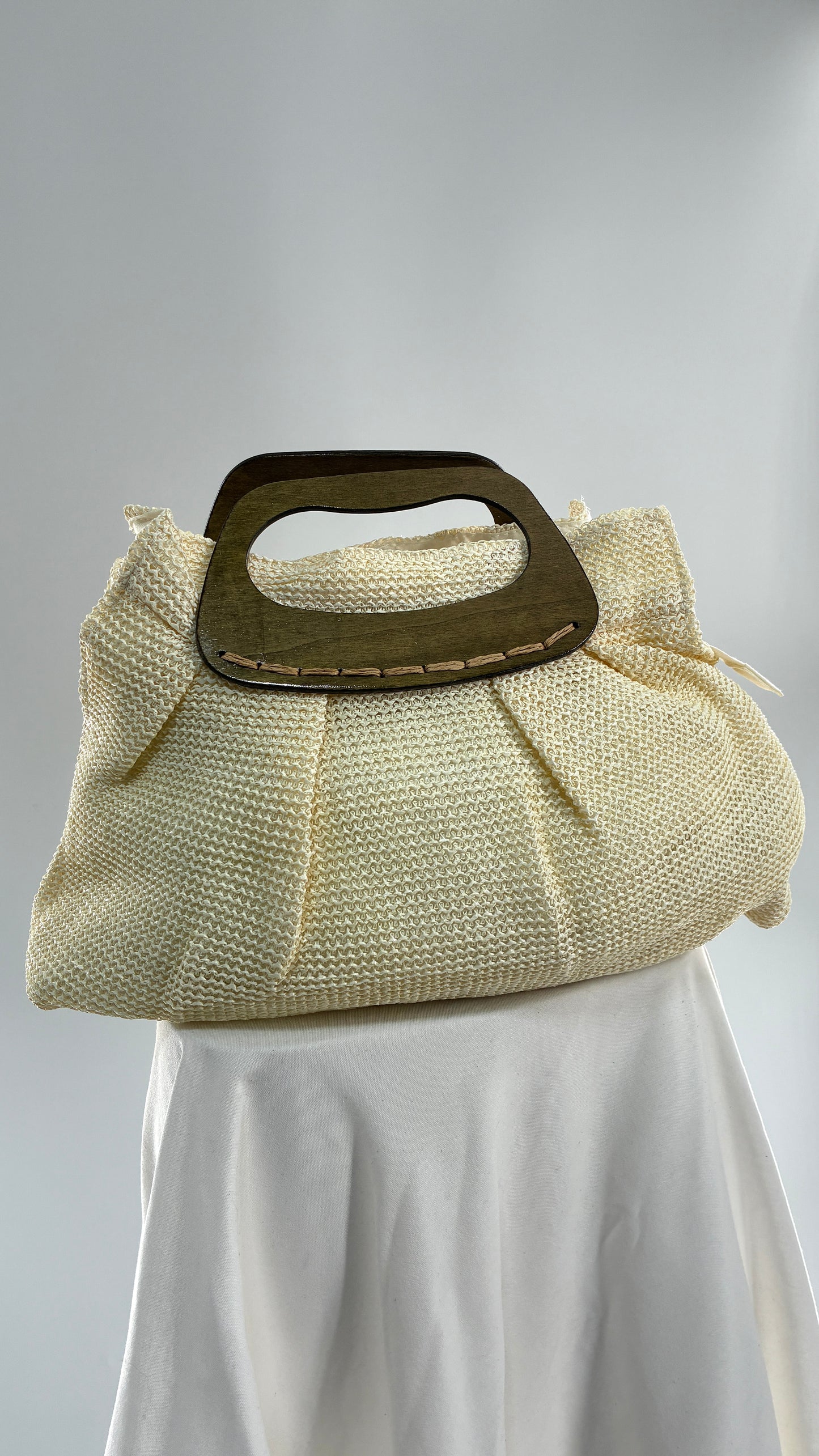 Off White Woven Clutch Bag with Wooden Handle Detail