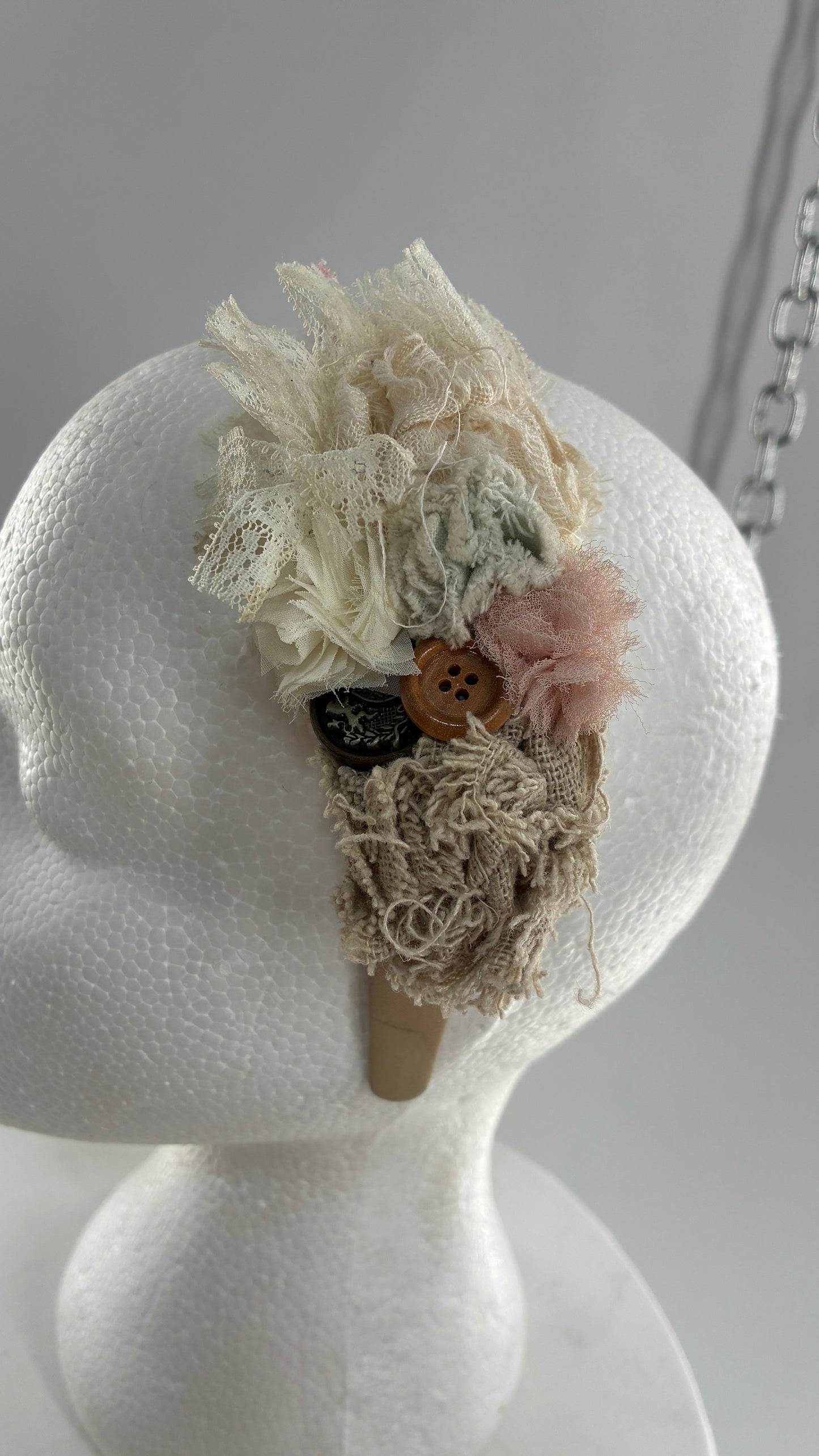 Vintage FARMER Handmade Headband with Ribbon, Flower, Button Appliqués