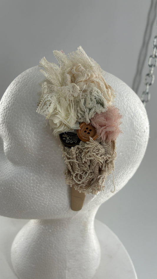 Vintage FARMER Handmade Headband with Ribbon, Flower, Button Appliqués