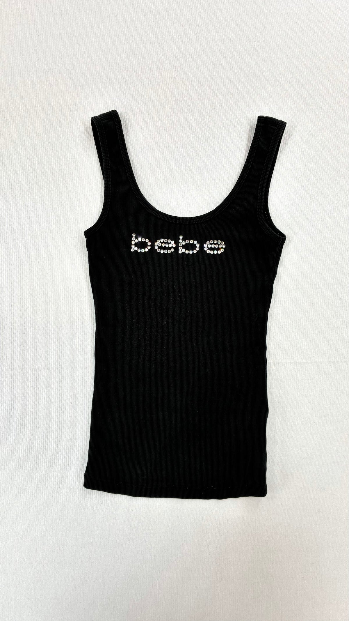 Vintage BEBE Black Ribbed Tank Top with Rhinestone Logo (XS)