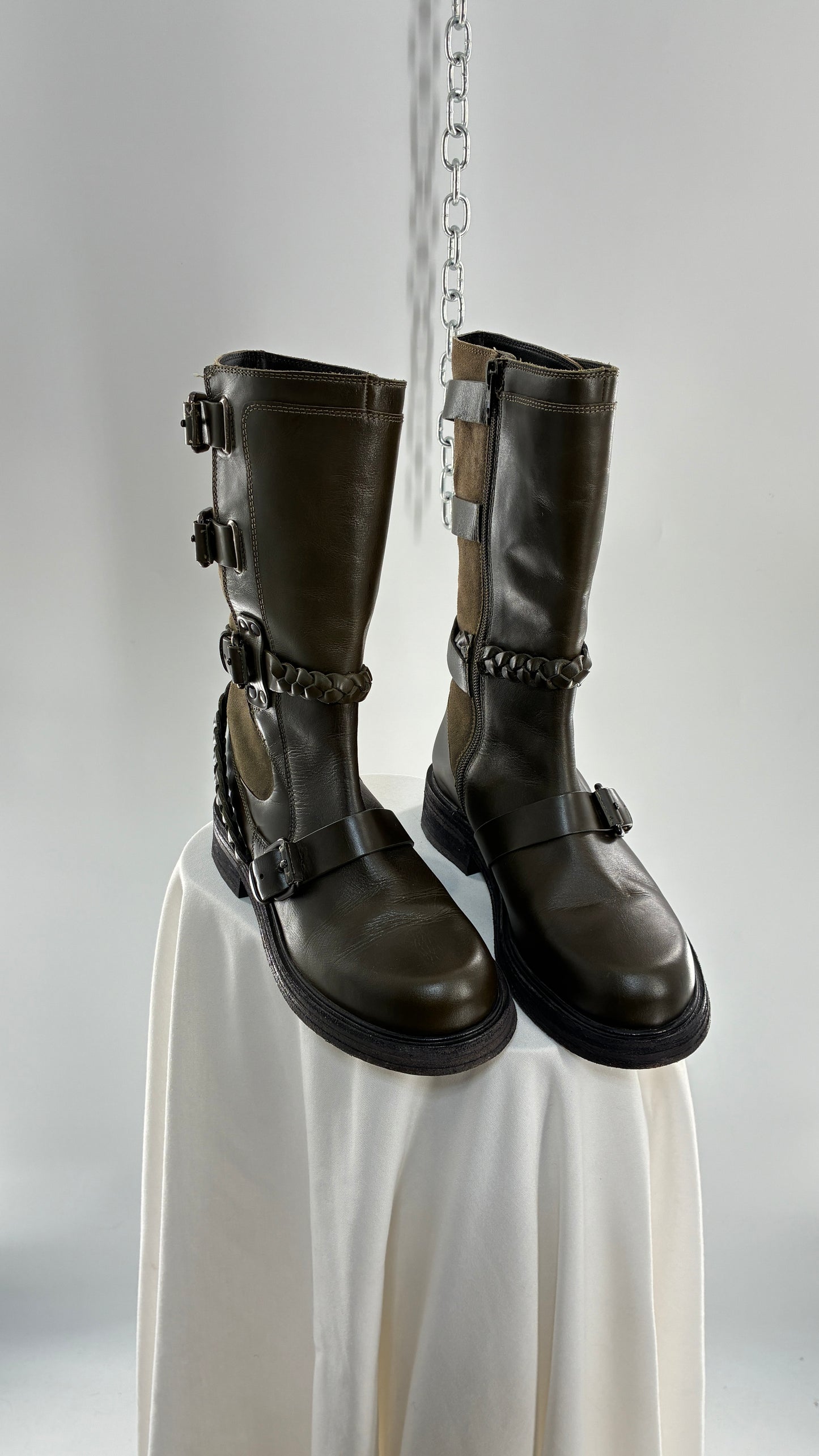 Free People Billie Olive Green Moto Boots with Buckle Closure (7)