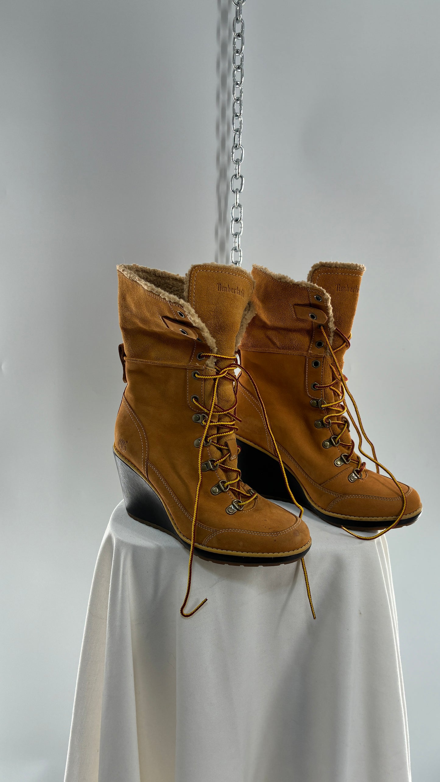 Vintage TIMBERLAND Wedge Boots Suede Leather Tie Up Heels (7.5)