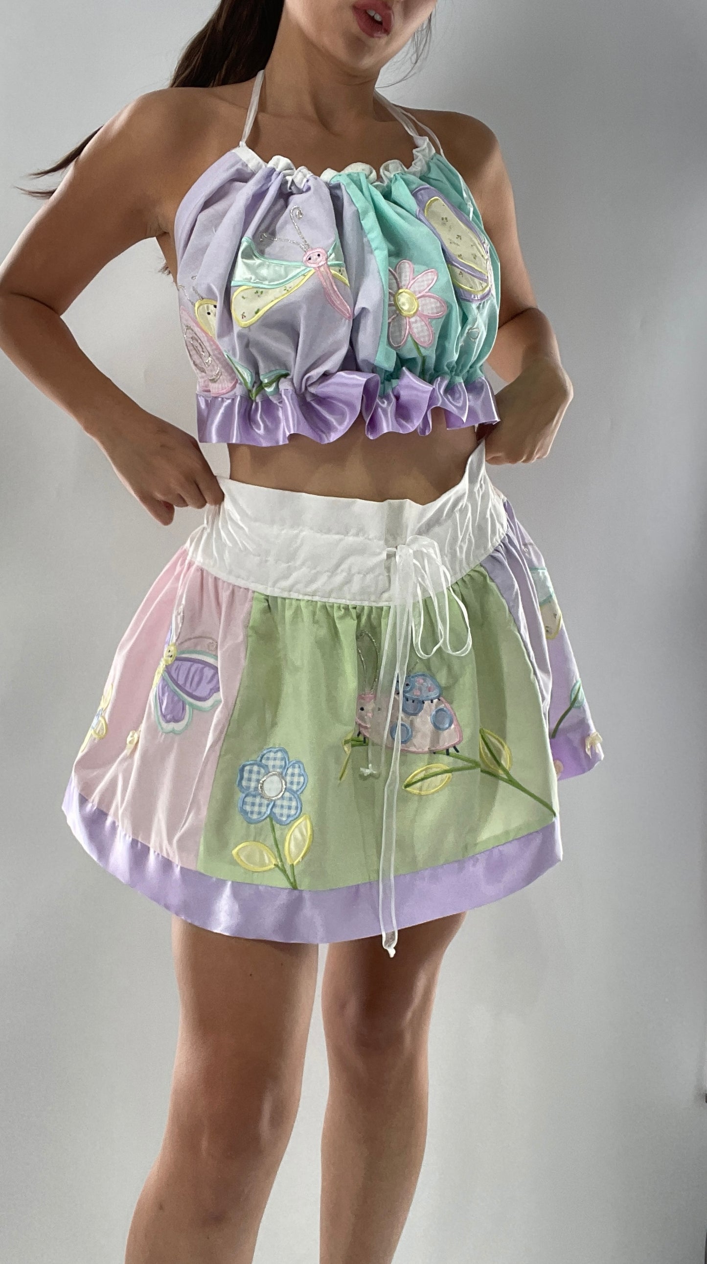 Vintage Custom 2piece Garden Gal Set Covered in Patchwork Butterflies, Dragonflies, Flowers, Snails and Pastels (One Size Fits Most)