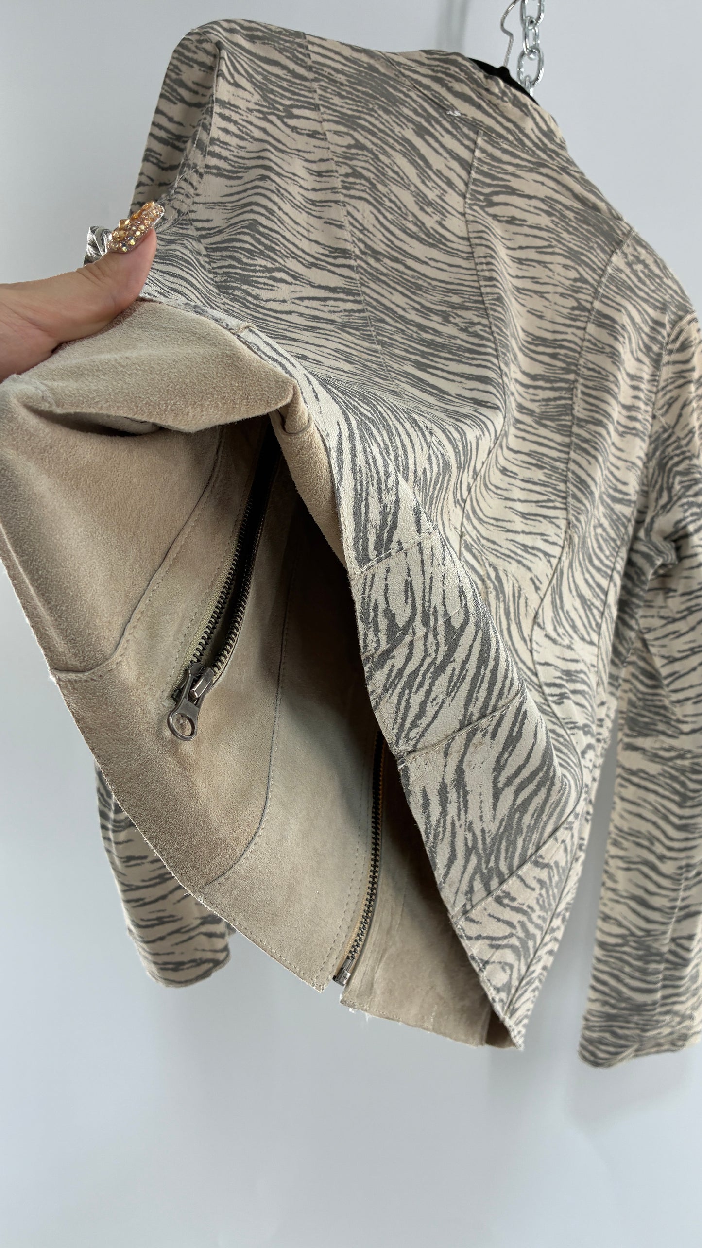 Vintage Reversible Thin Genuine Suede Leather Zip Up Jacket Beige/Zebra (Medium)