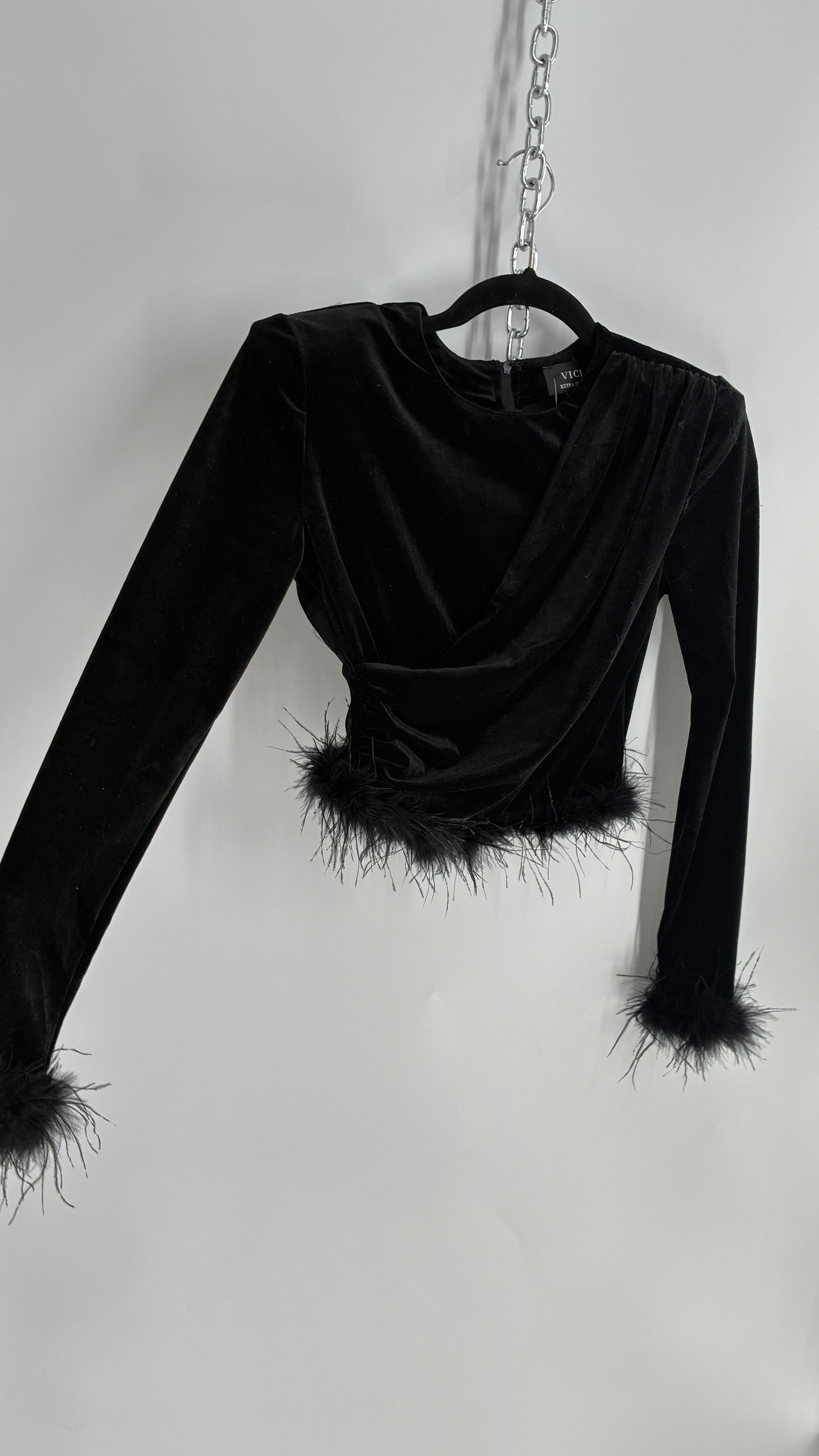 Vintage VICI Black Draped Long Sleeve with Ostrich Feather Hems and Cuff (XS)