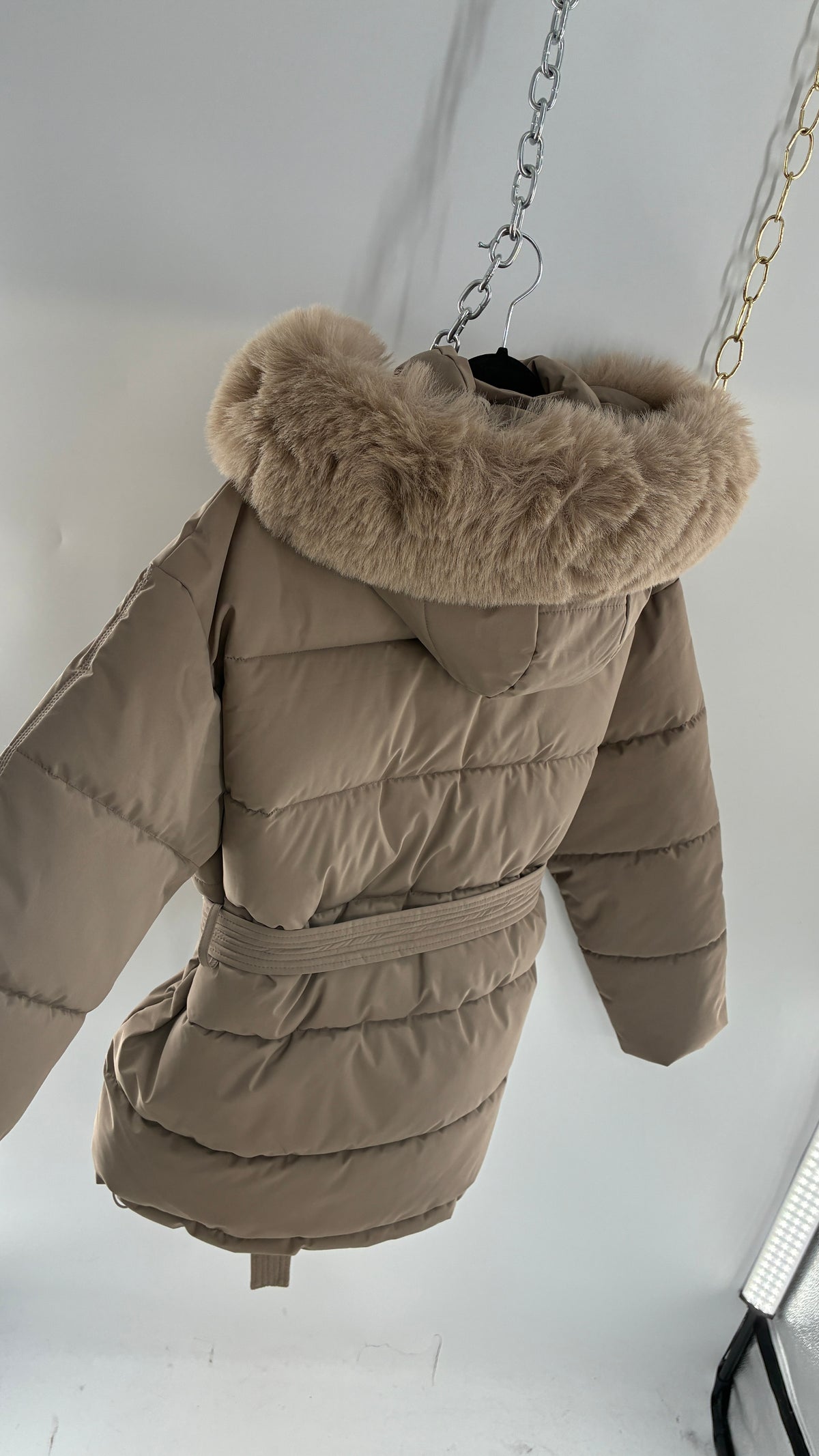 KATCH ME Taupe NWOT Bubble Coat with Exaggerated Vegan Fur Lined Hood NWOT (XL)