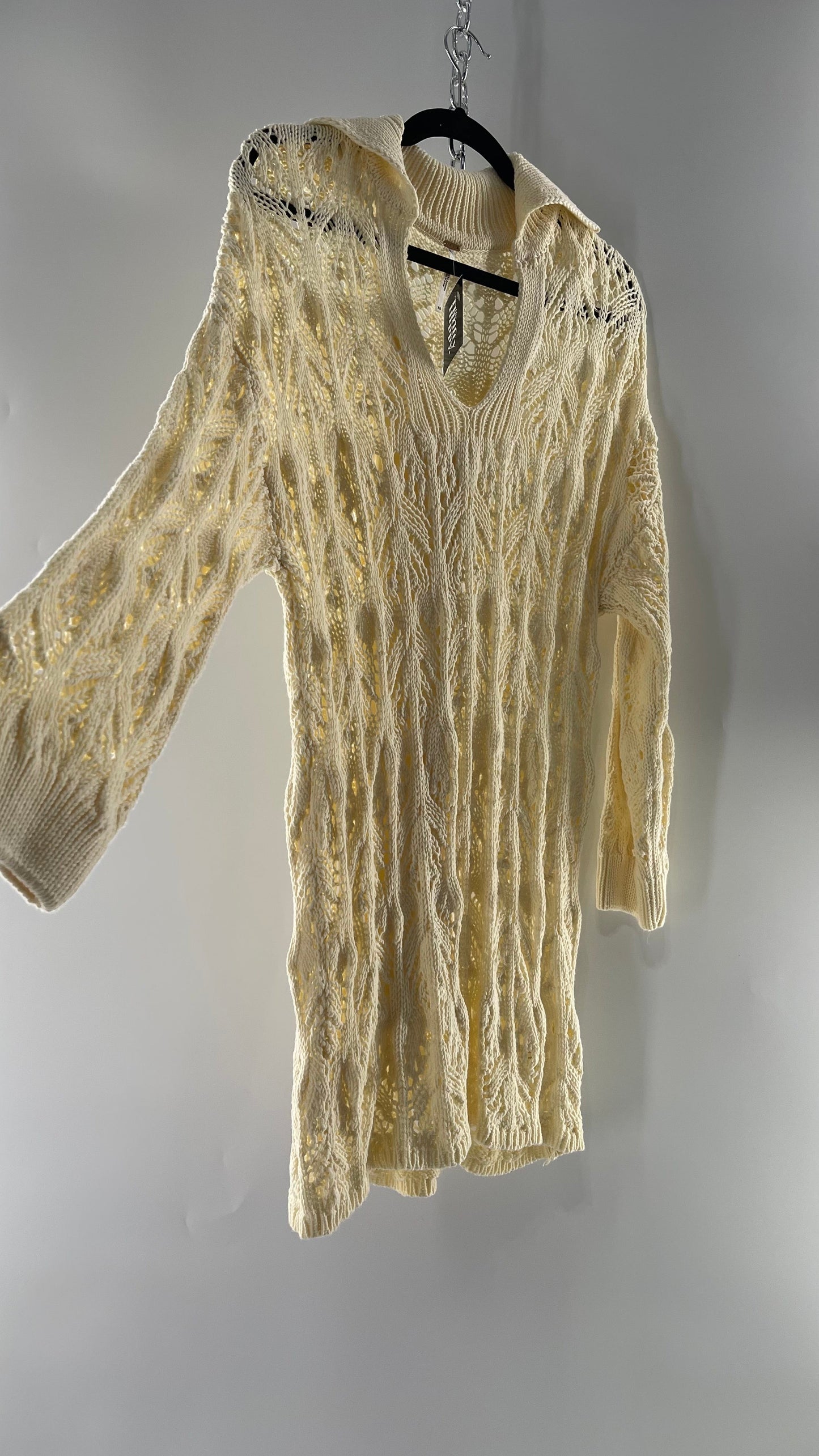 Free People Baby Yellow Comfy n Cozy Open Stitch Knit Sweater Dress (S)
