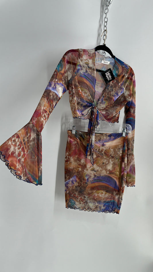 Graphic Two Piece Set: Bell Sleeve Tie Front Blouse & Mini Skirt (Large)