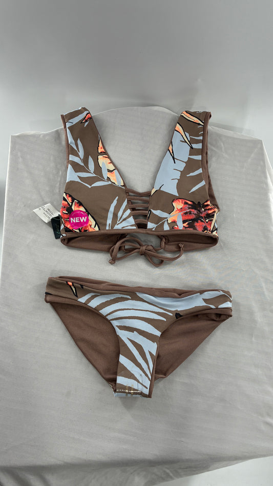 NWOT MAAJI Tan and Tropical Patterned Reversible Swim Set (L Top, XS Bottoms)